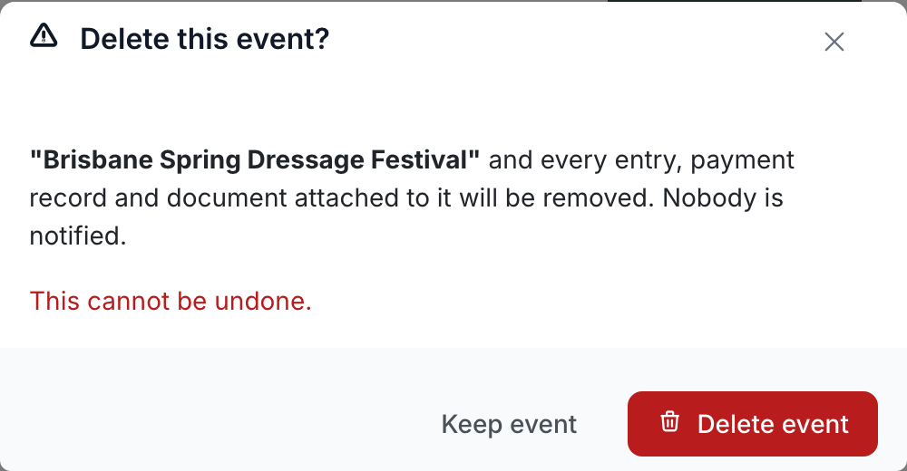 The Delete this event dialog naming the event, warning that every entry, payment record and document attached to it will be removed and nobody notified, with Keep event and Delete event buttons