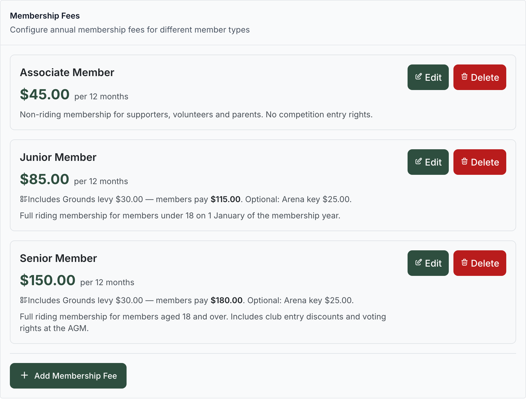 Membership Fees list showing Associate, Junior and Senior Member types with their base fees; the Junior and Senior types note that they include a Grounds levy, what members pay in total, and an optional Arena key