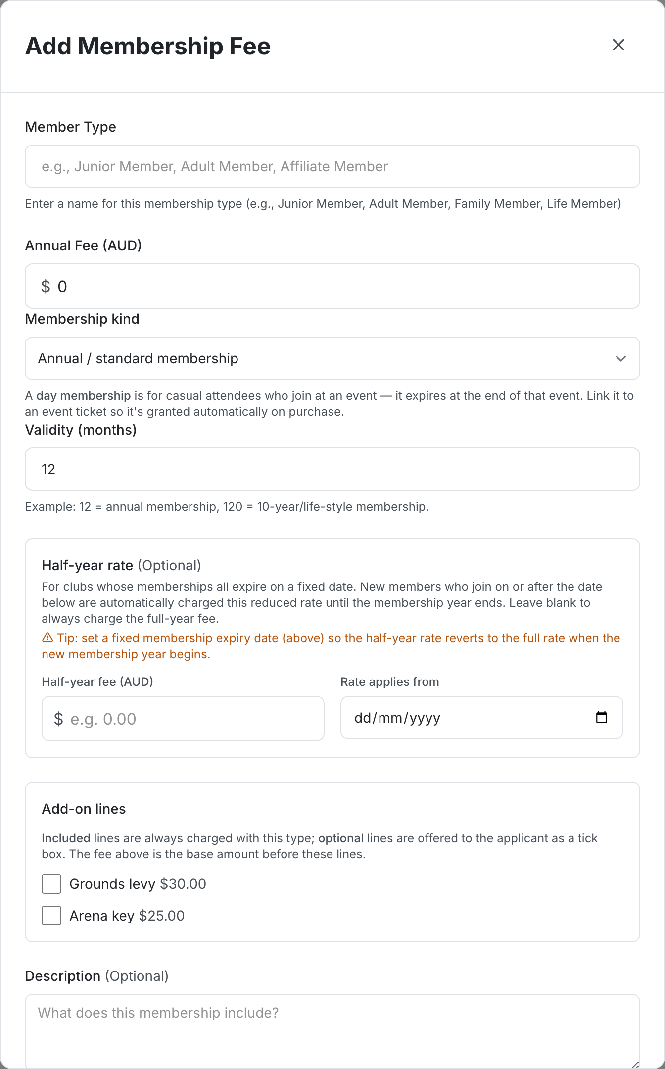 Add Membership Fee dialog with fields for Member Type, Annual Fee (AUD), Validity in months, an optional Half-year rate section, and a Description