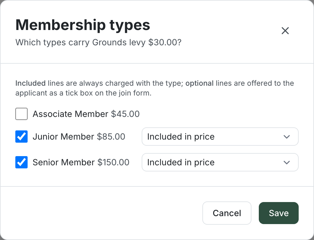 Membership types dialog for the Grounds levy, with Junior Member and Senior Member ticked as Included in price and Associate Member unticked
