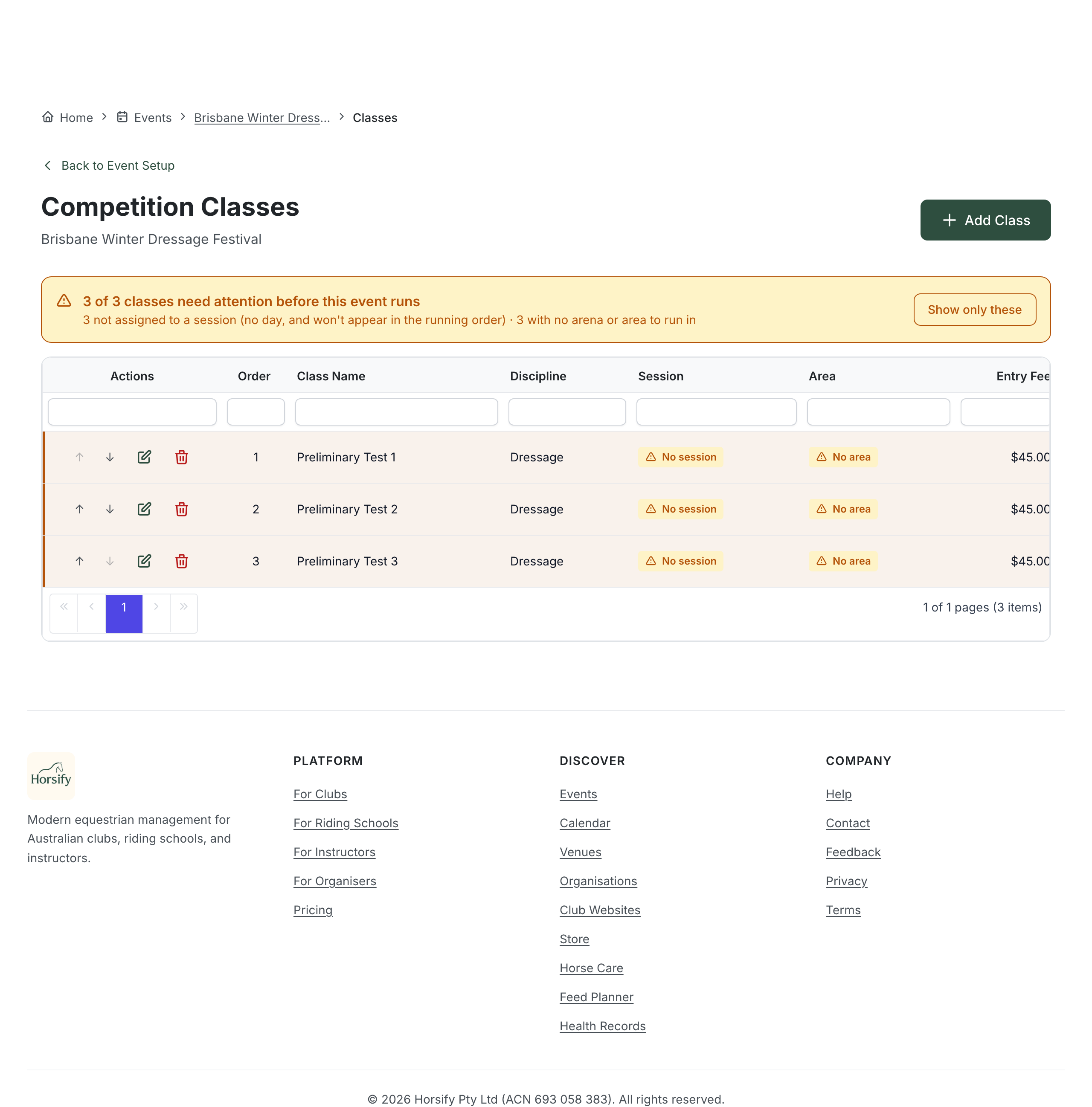 The Competition Classes page for an event, listing three classes (Preliminary Test 1, 2 and 3) in a table with columns for order, class name, discipline, entry fee, prize money, capacity and entry count, plus an Add Class button