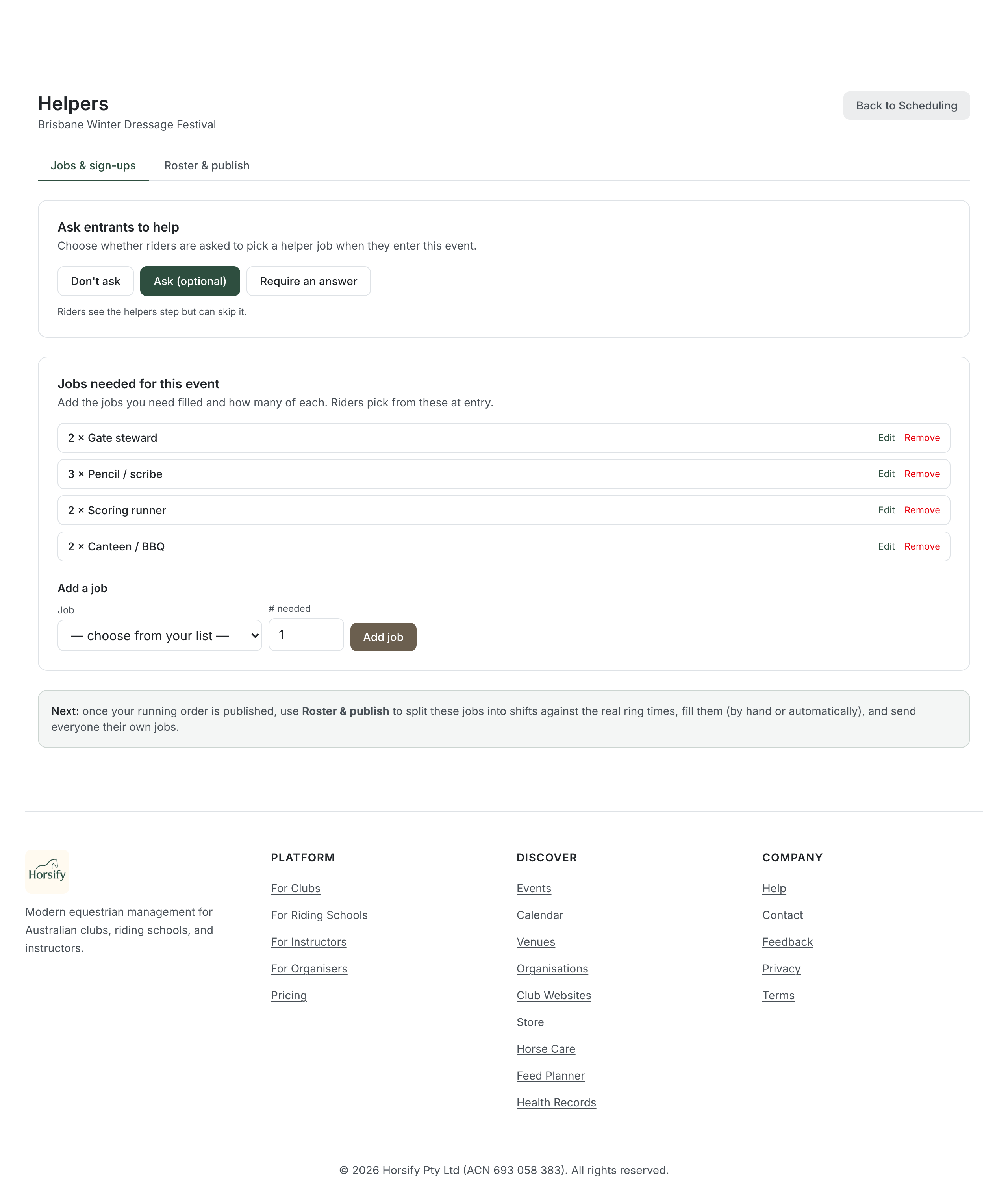 The Helpers "Jobs & sign-ups" tab showing the Ask-entrants-to-help mode selector (Don't ask / Ask optional / Require an answer) and a Jobs-needed-for-this-event list with quantities like 2 × Gate steward and 3 × Pencil / scribe, each with Edit and Remove, plus an Add-a-job form