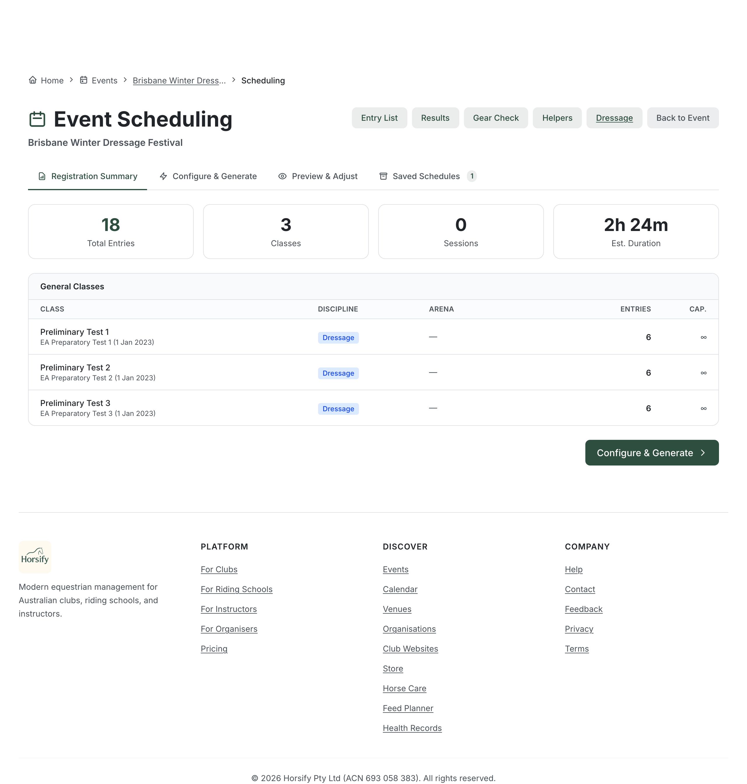 The Event Scheduling page on its Registration Summary tab, with headline tiles for Total Entries, Classes, Sessions and estimated duration, the tab bar (Registration Summary, Configure & Generate, Preview & Adjust, Saved Schedules), and a class list ready to schedule