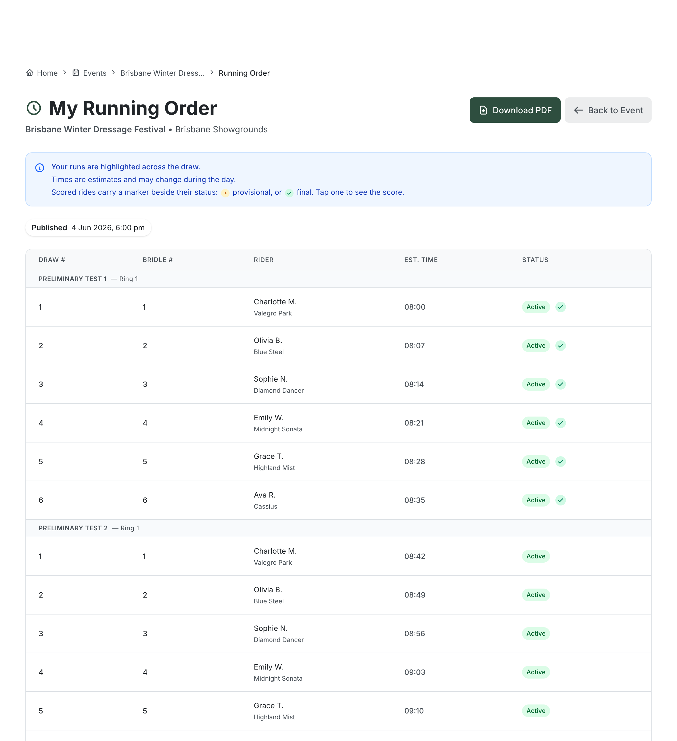 The rider-facing My Running Order page showing the published draw grouped by class and ring, with columns for draw number, bridle number, rider and horse, estimated start time, and status, plus a Download PDF button