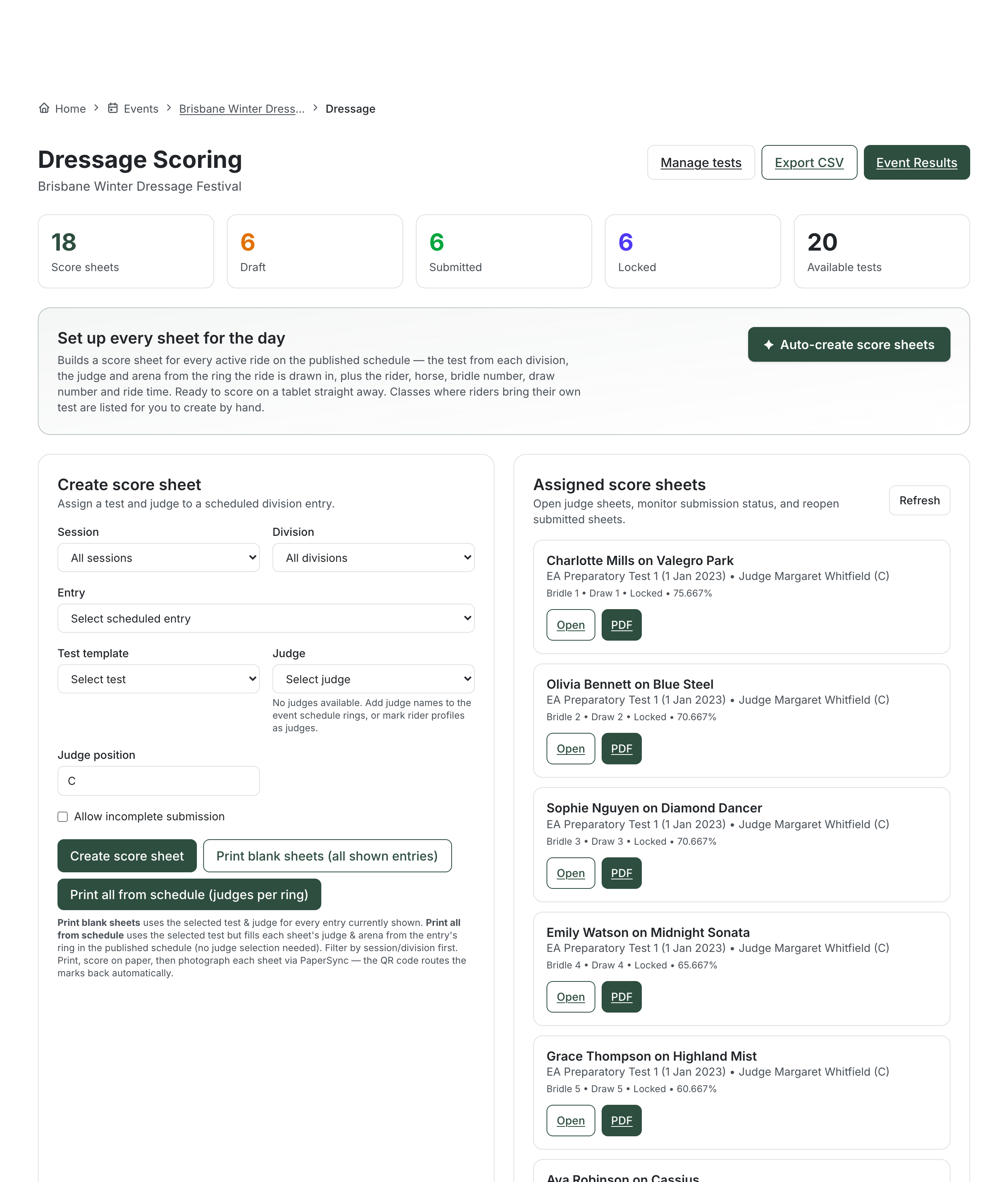 The Dressage Scoring dashboard with tiles counting score sheets, Draft, Submitted, Locked and available tests, a Create score sheet form (session, division, entry, test template, judge), and a list of assigned score sheets showing each competitor, test, judge and status with Open and PDF buttons