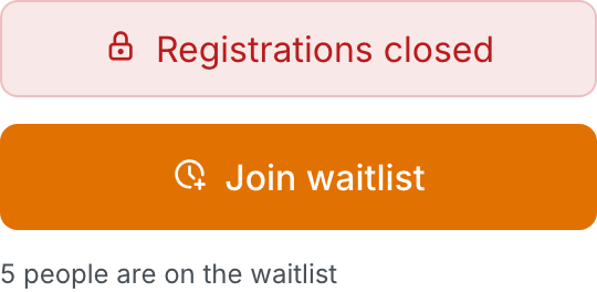 The event page Registration panel showing a red "Registrations closed" status, an orange "Join waitlist" button, the text "4 people are on the waitlist", and the registration close date and capacity below