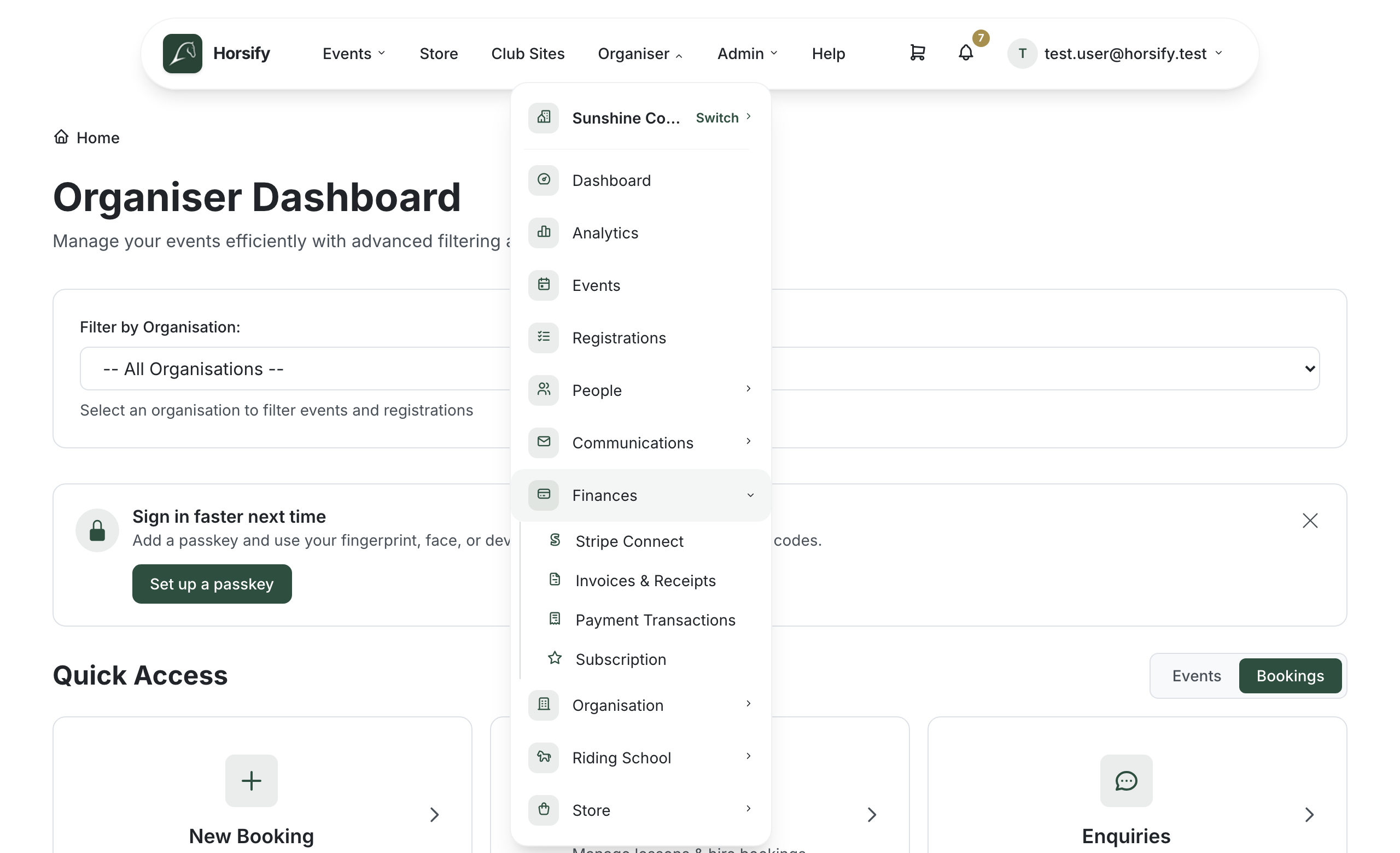 The Organiser menu open on the Finances submenu, listing Stripe Connect, Invoices & Receipts, Payment Transactions and Subscription