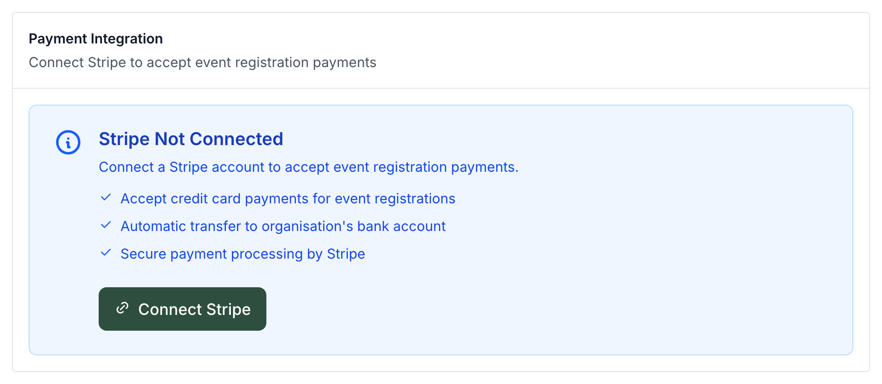 The Payment Integration card showing "Stripe Not Connected" and a Connect Stripe button