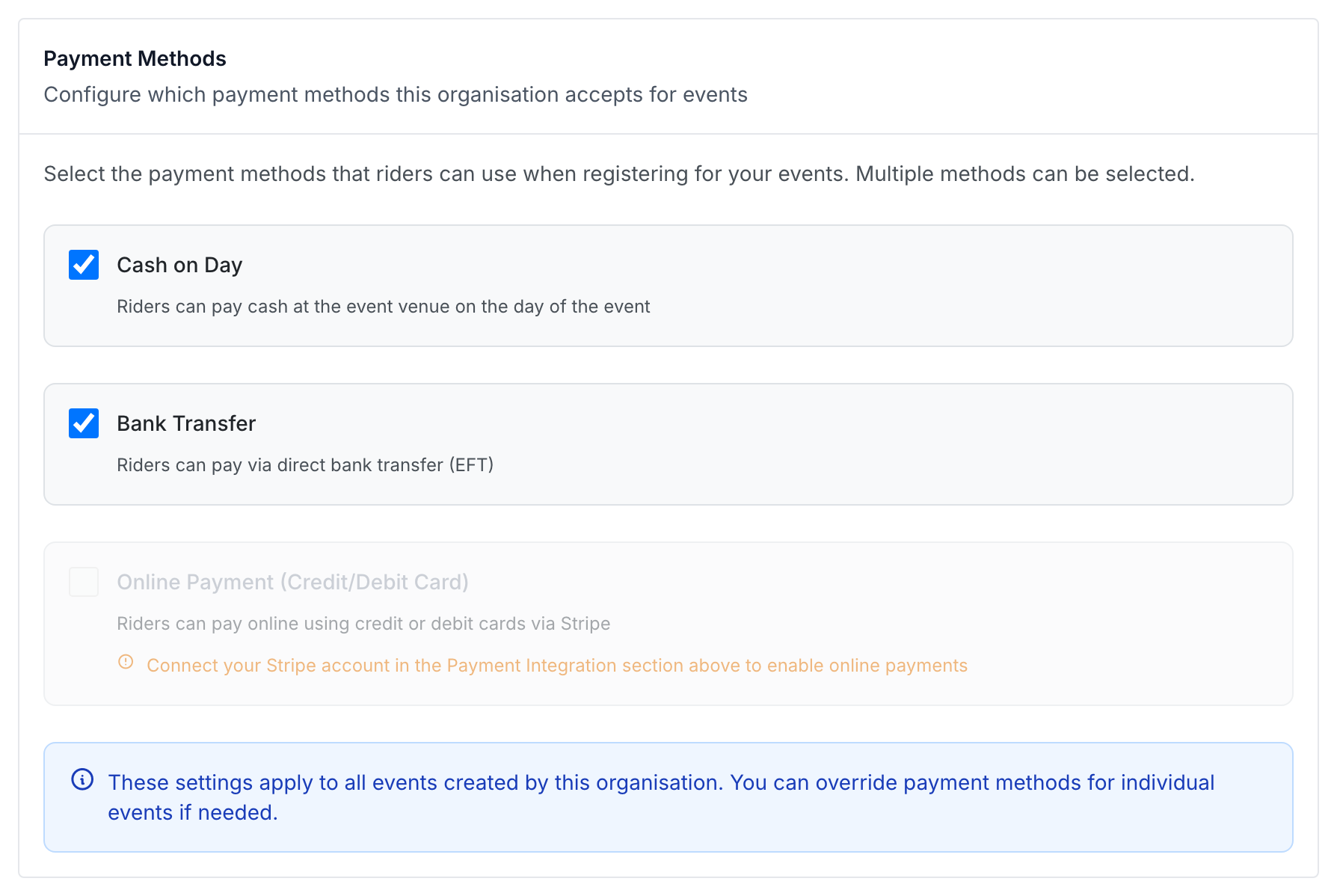 The Payment Methods card with Cash on Day and Bank Transfer ticked, and the Online Payment (Credit/Debit Card) option unticked below them