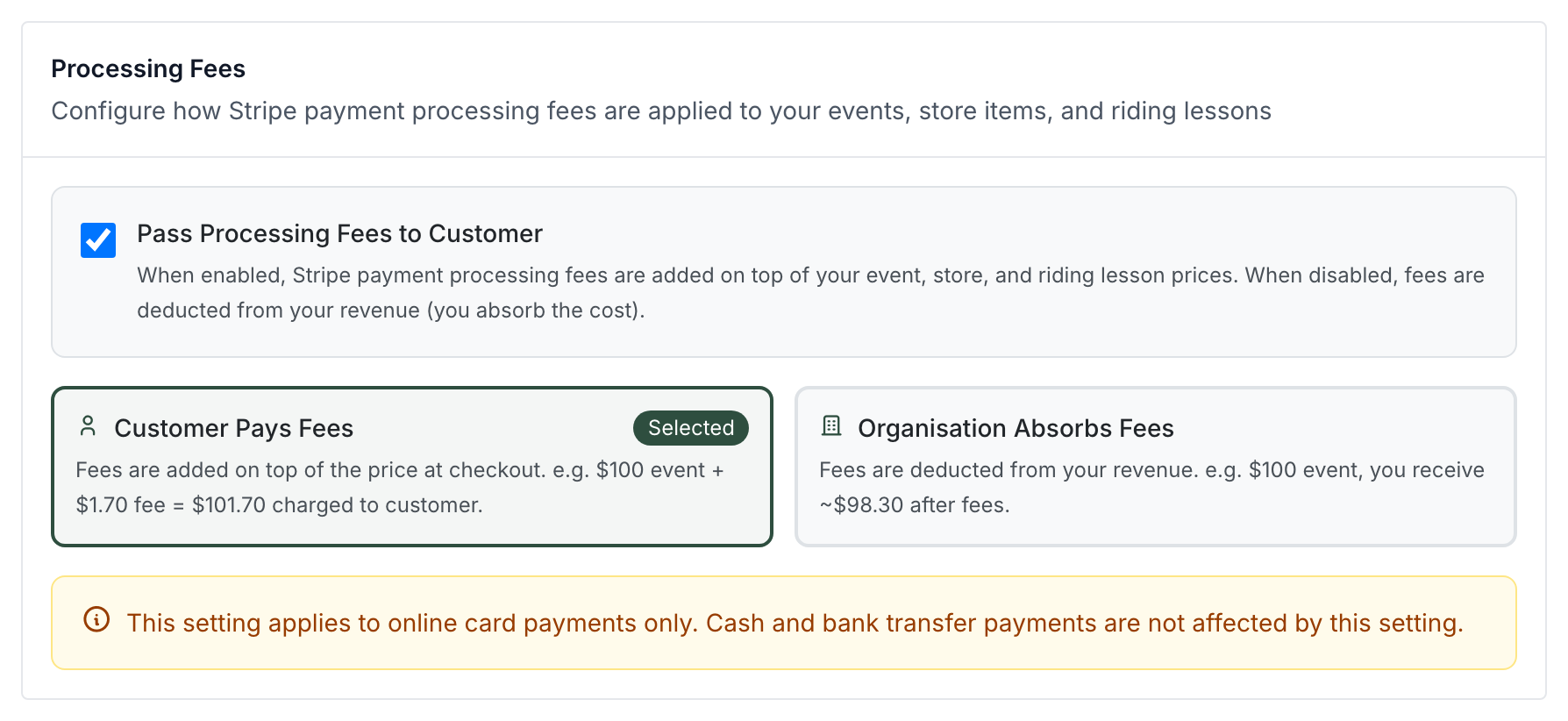 The Processing Fees card with "Pass Processing Fees to Customer" ticked, showing the Customer Pays Fees and Organisation Absorbs Fees options side by side