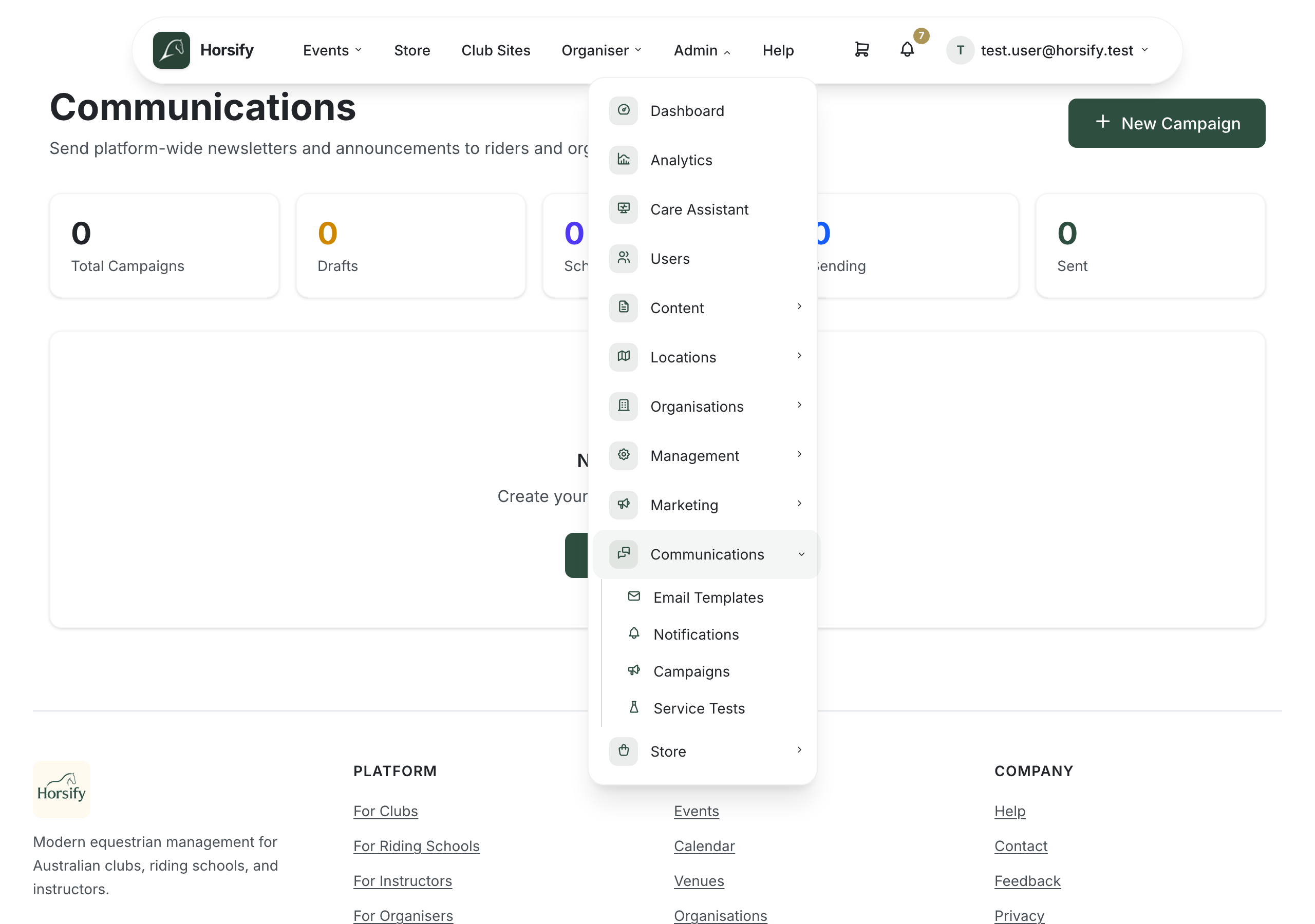 The Horsify top navigation with the Admin menu open and the Communications submenu expanded, showing Email Templates, Notifications, Campaigns and Service Tests