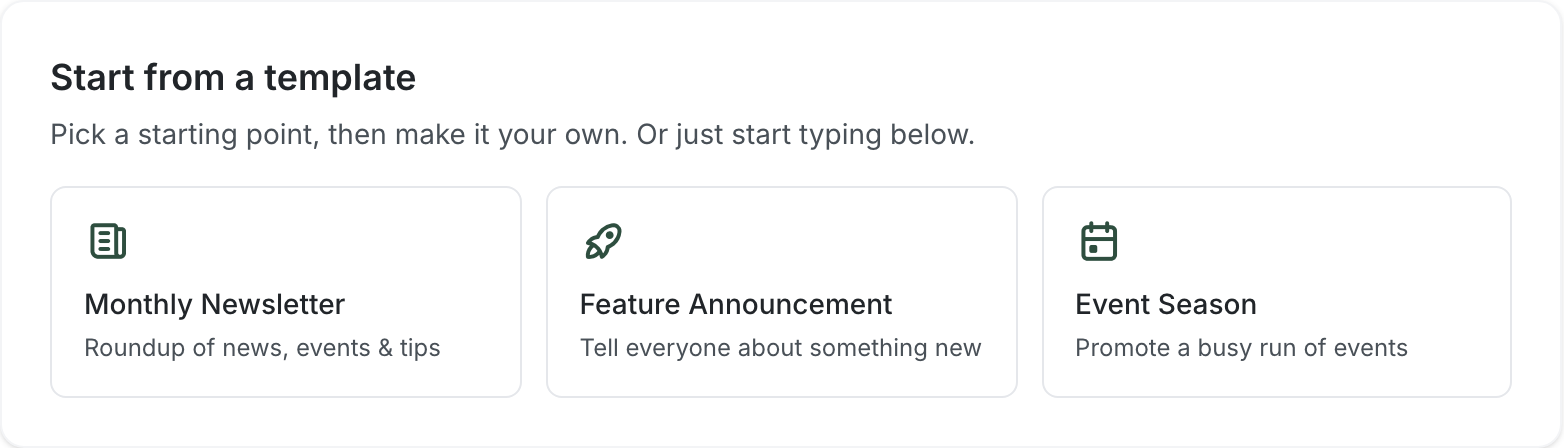 The Start from a template card offering Monthly Newsletter, Feature Announcement and Event Season