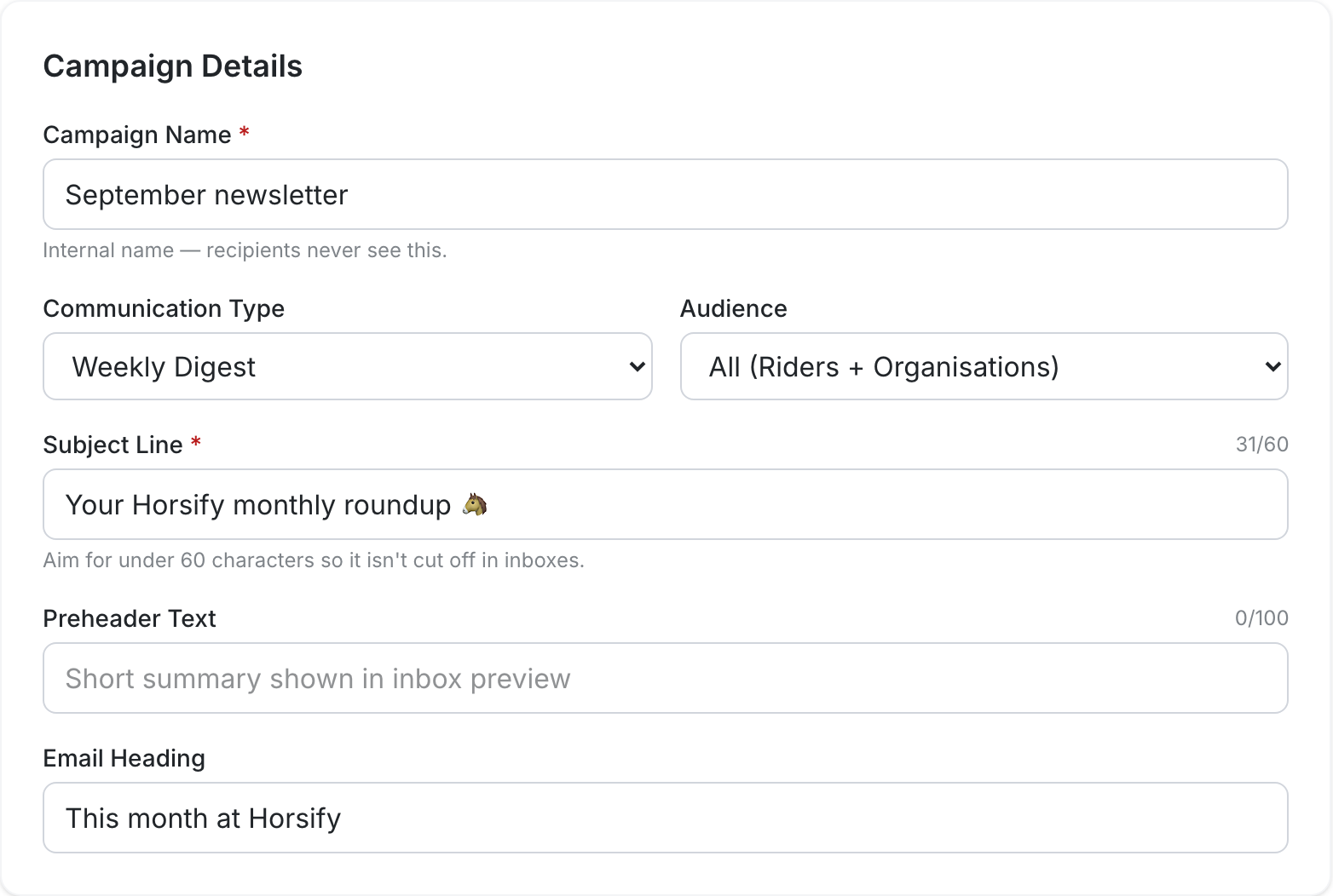 The Campaign Details card with fields for Campaign Name, Communication Type, Audience, Subject Line with a 31/60 character counter, Preheader Text with a 0/100 counter, and Email Heading