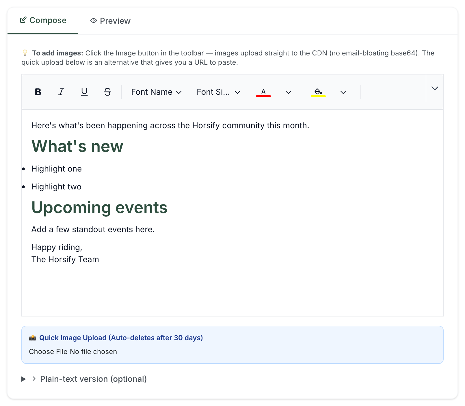 The Compose tab showing the rich text editor toolbar and body content, with the Quick Image Upload panel and the collapsed plain-text section beneath it