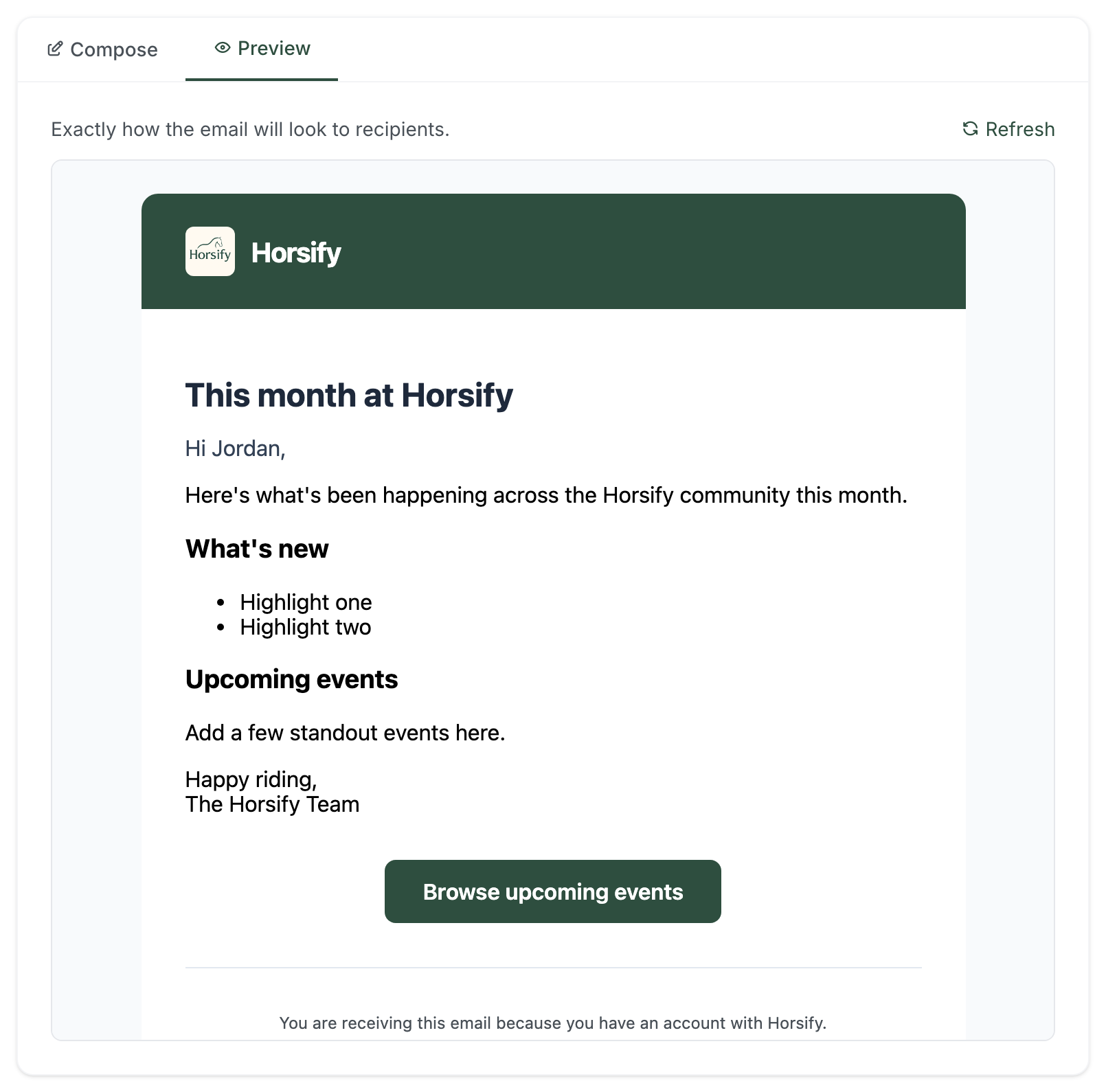 The Preview tab showing the composed email as recipients will see it: Horsify branded header, heading, personalised greeting, body content, a call-to-action button and the account footer