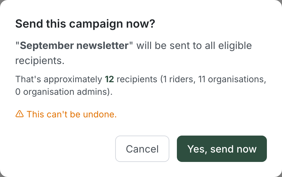 The Send this campaign now dialog naming the campaign, showing approximately 11 recipients broken down by type, and warning that this can't be undone