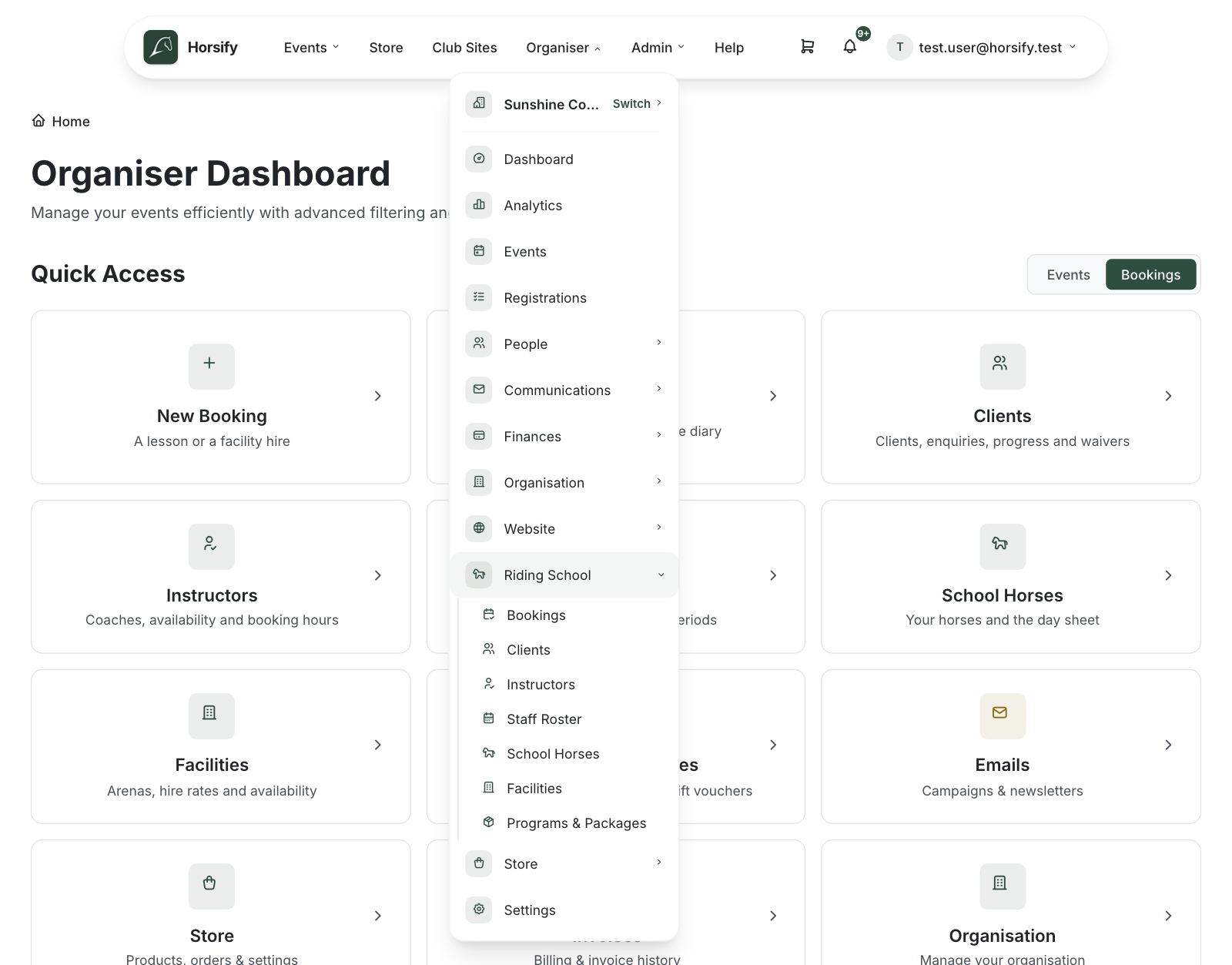 The Organiser menu with the Riding School submenu expanded