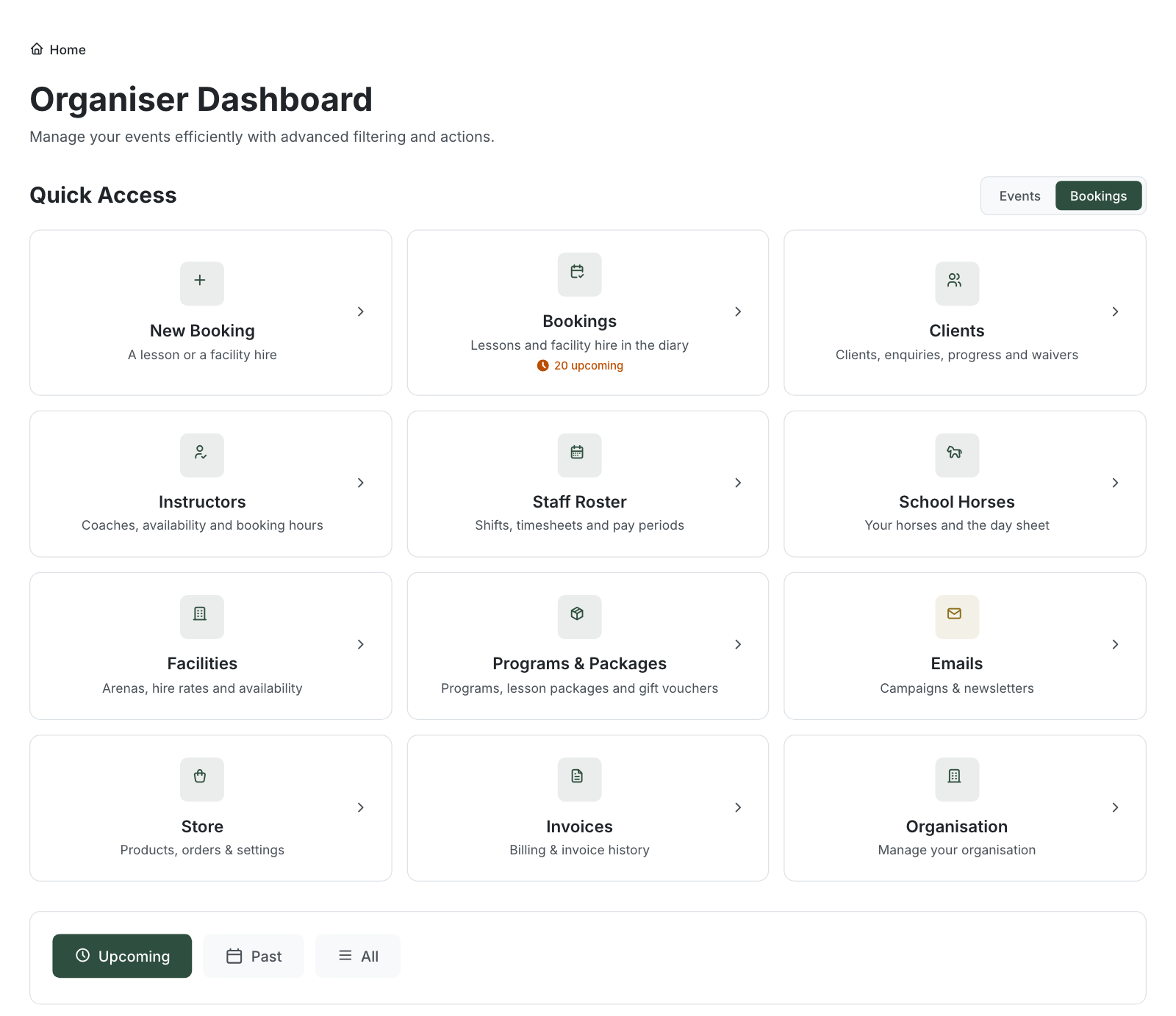 Organiser Dashboard in the Bookings view