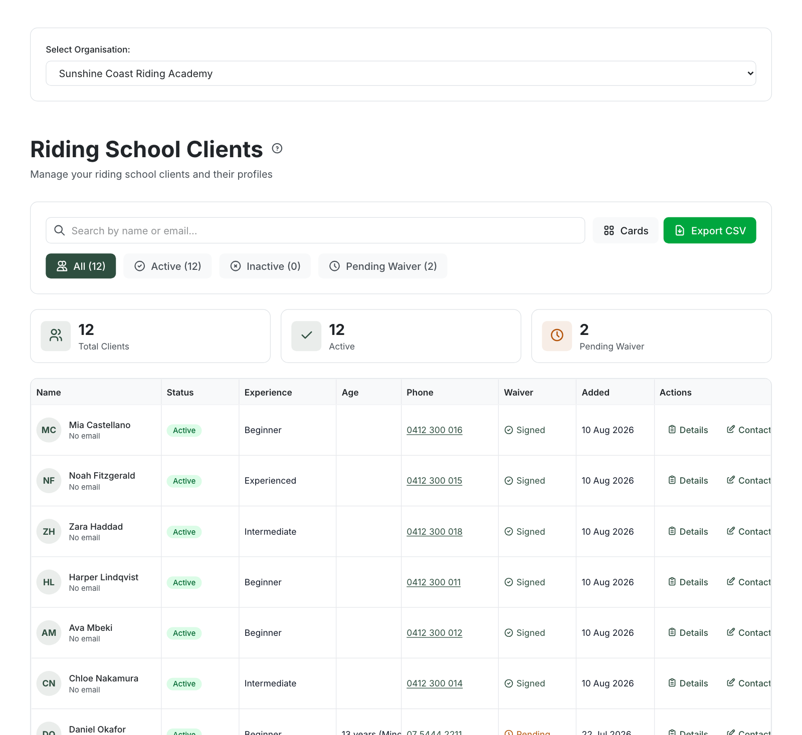 Clients page showing the search bar, All / Active / Inactive / Pending Waiver filters, the summary tiles and the client table