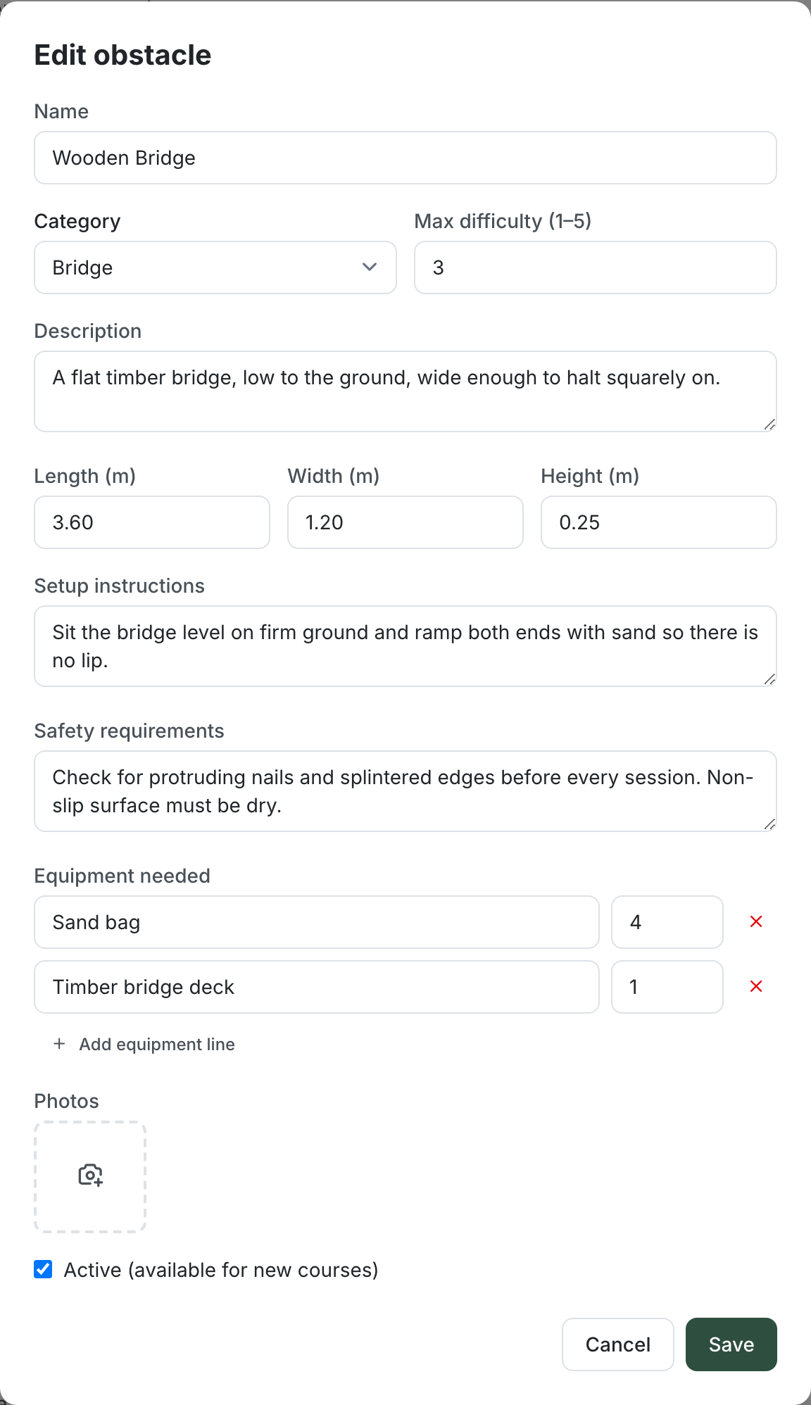 The obstacle editor showing a completed Wooden Bridge, with its category, maximum difficulty, description, dimensions, setup instructions, safety requirements, equipment lines and photo slot