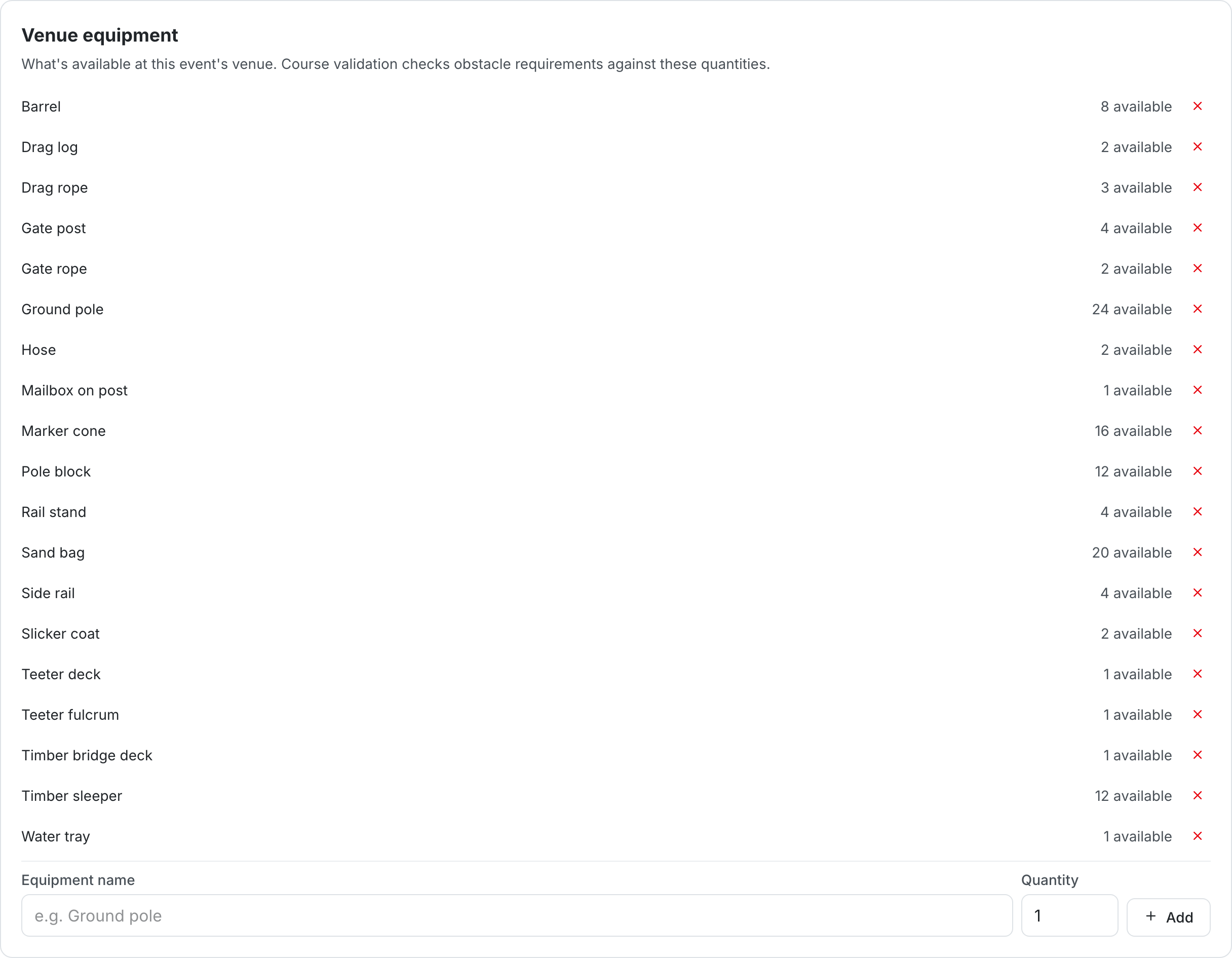 The Venue equipment panel listing equipment names with the quantity available, and a form to add a new item