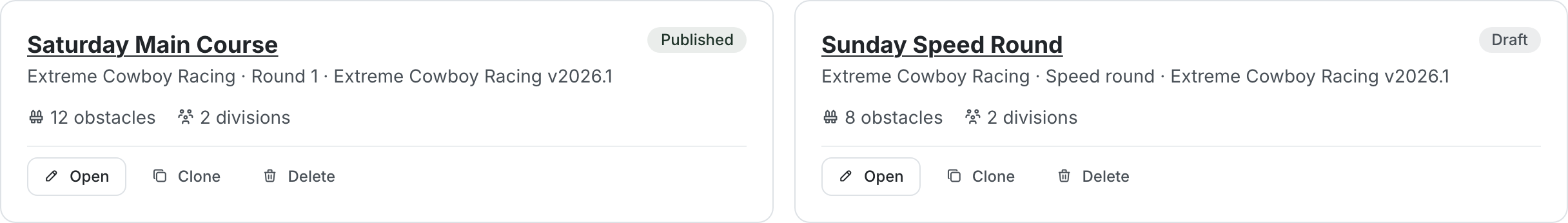 The Courses page listing two courses — one published, one draft — each showing its ruleset, divisions and status badge