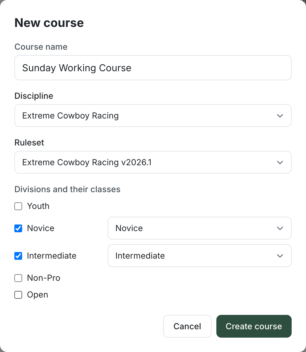 The New course modal with fields for course name, discipline and ruleset, and a checklist of the ruleset's divisions each with a class to map it to