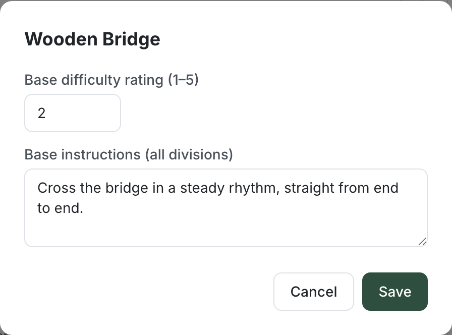 The obstacle placement editor with fields for base difficulty rating and base instructions