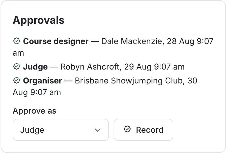 The Approvals panel showing recorded approvals with role, name and date, and a form to record a new one