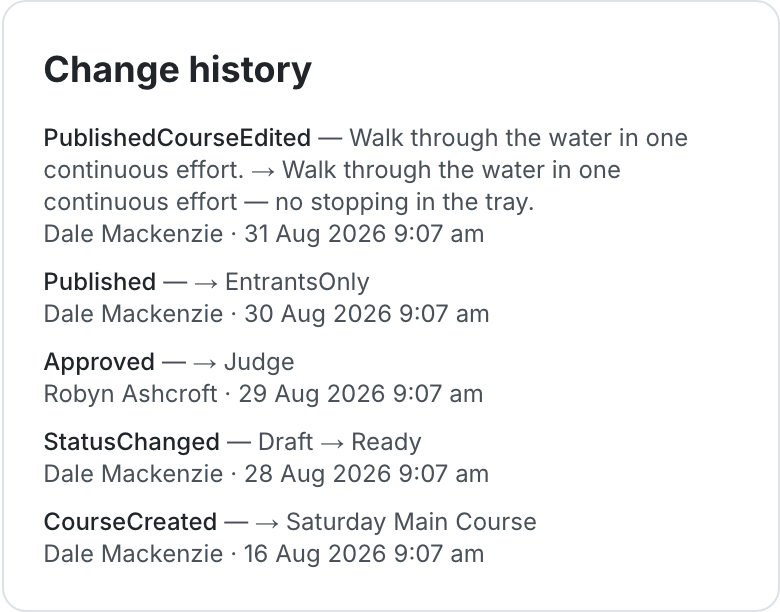 The change history panel listing course changes with the action, the old and new values, who made the change and when