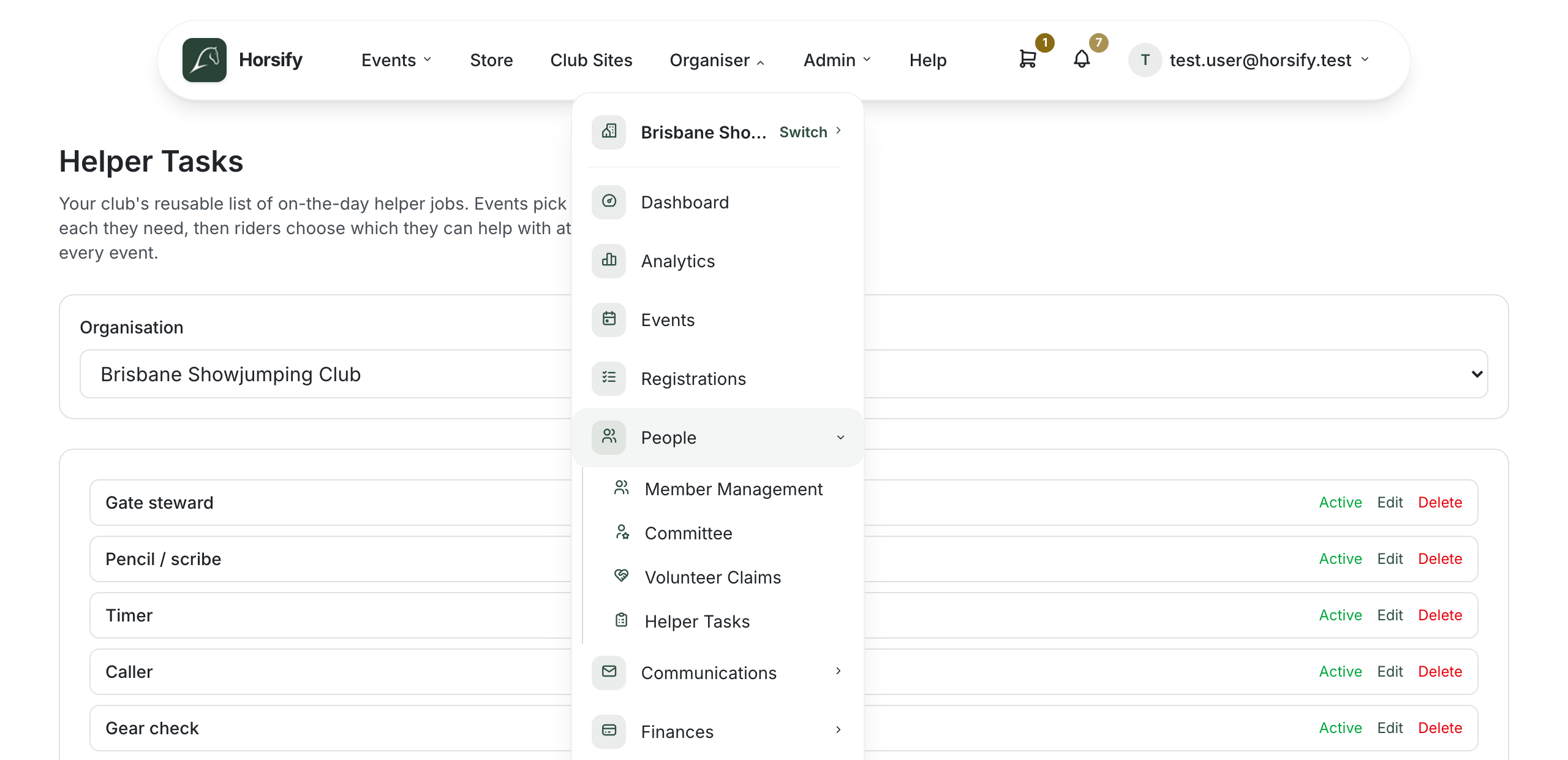 The Organiser dropdown menu open, with the People submenu expanded to show the Helper Tasks link