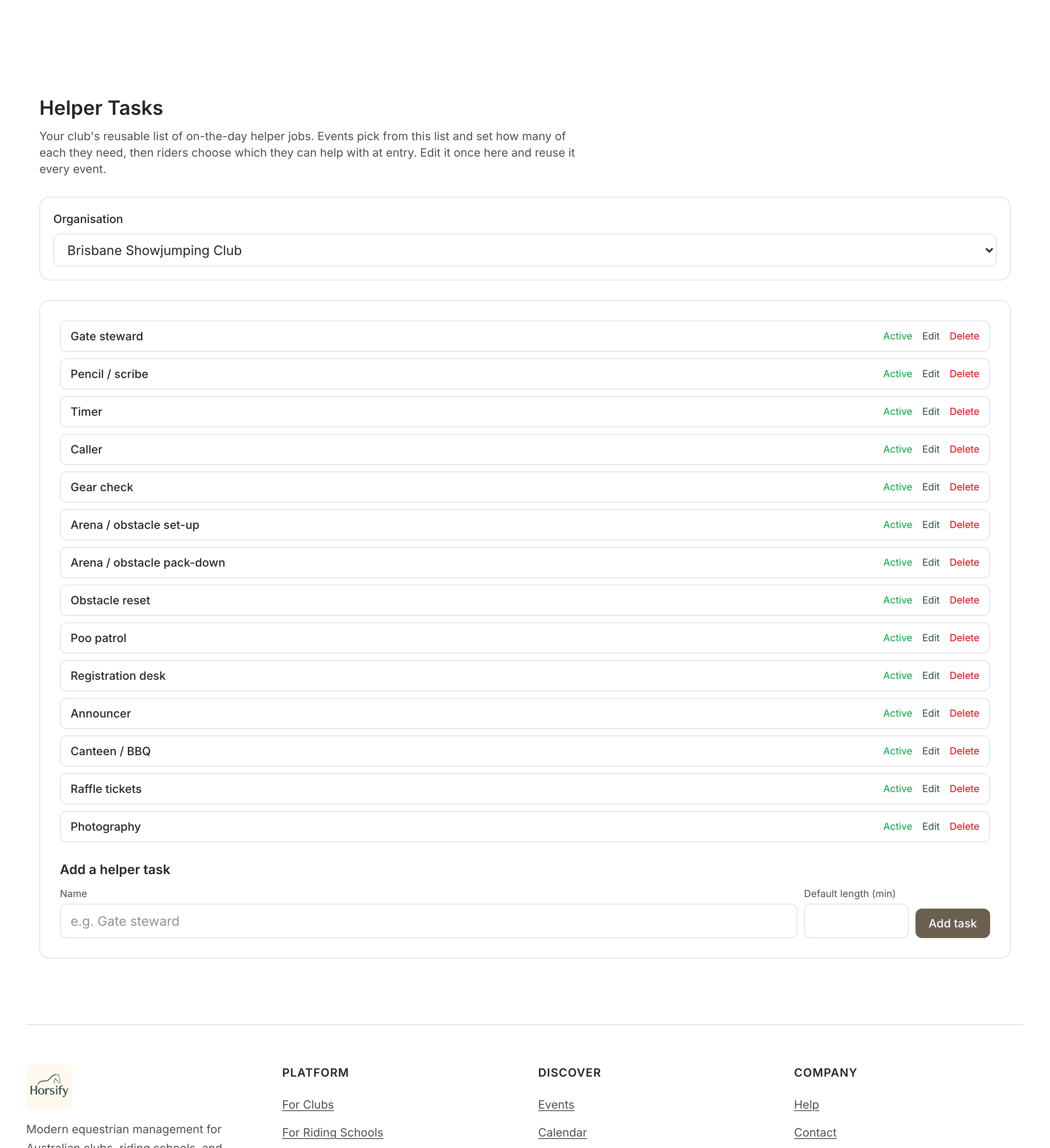 The Helper Tasks page showing the organisation selector and the club's list of reusable helper jobs, each with Active, Edit and Delete controls, plus an Add a helper task form at the bottom