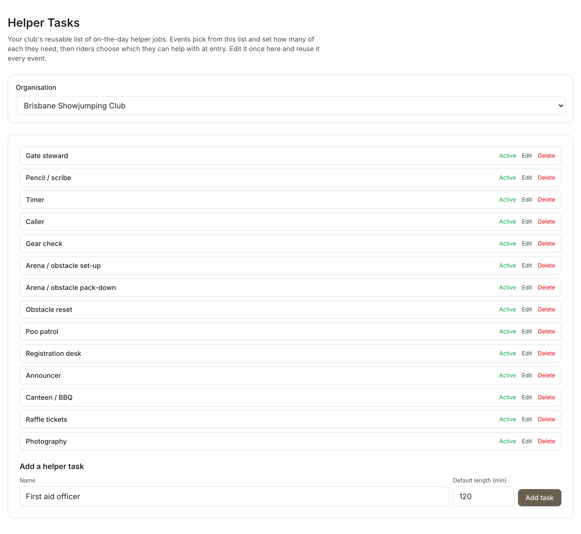 The Add a helper task form filled in with a job name of First aid officer and a default length of 120 minutes