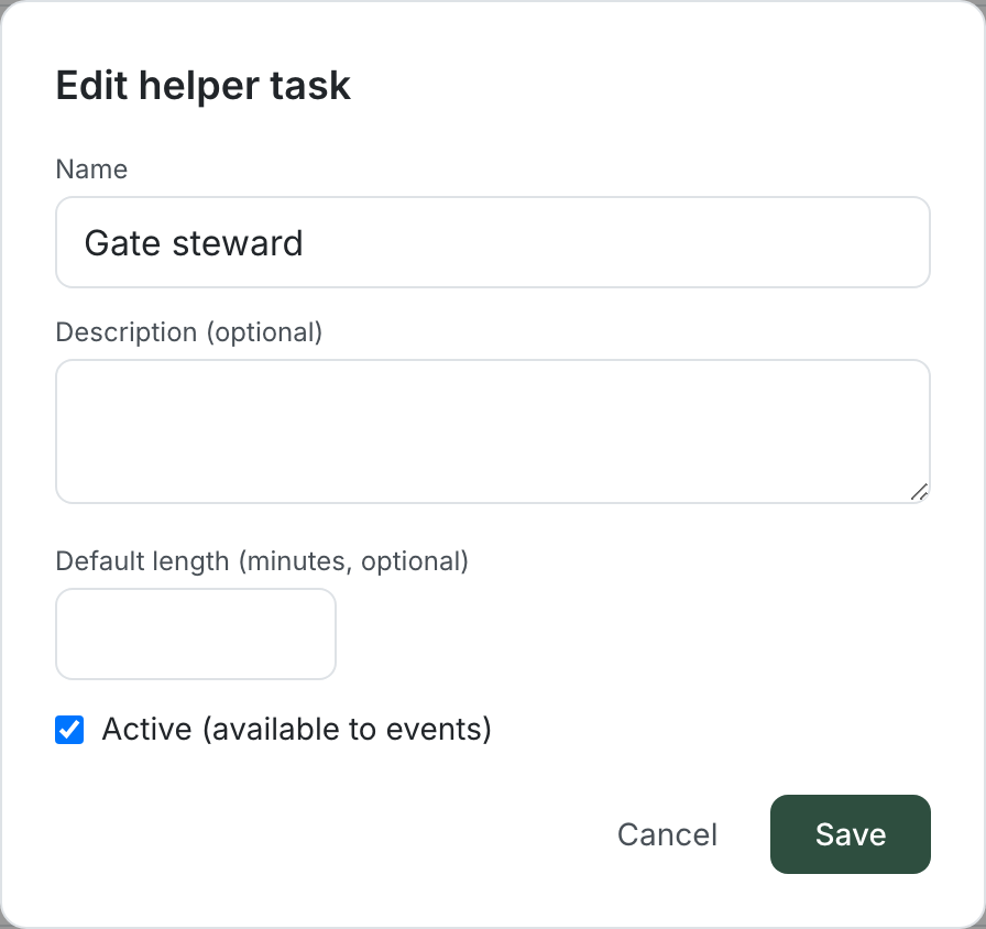 The Edit helper task dialog with fields for Name, an optional Description, an optional default length in minutes, and an Active checkbox
