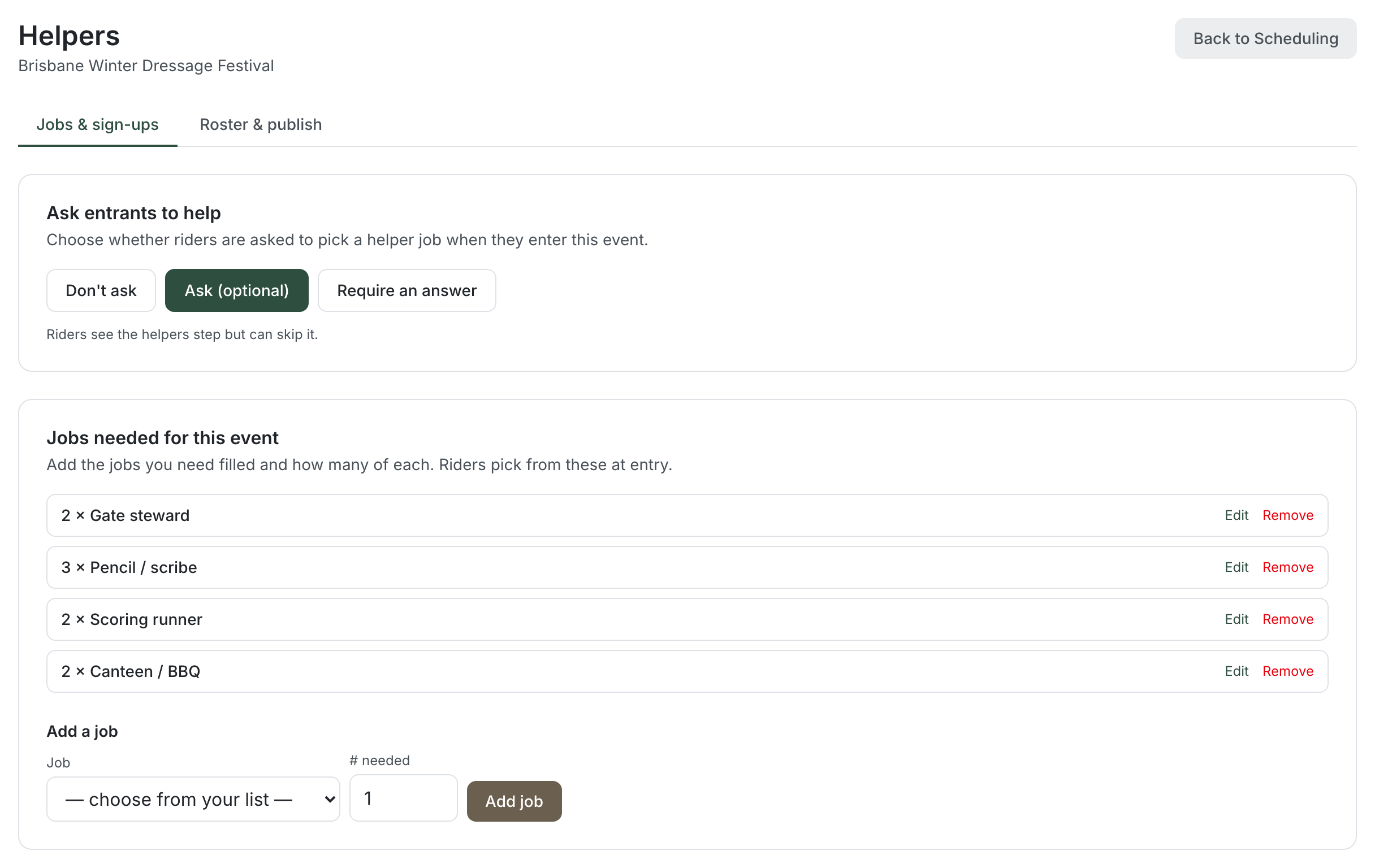 The event Helpers setup tab showing the Ask entrants to help options with Ask (optional) selected, and the Jobs needed for this event list below