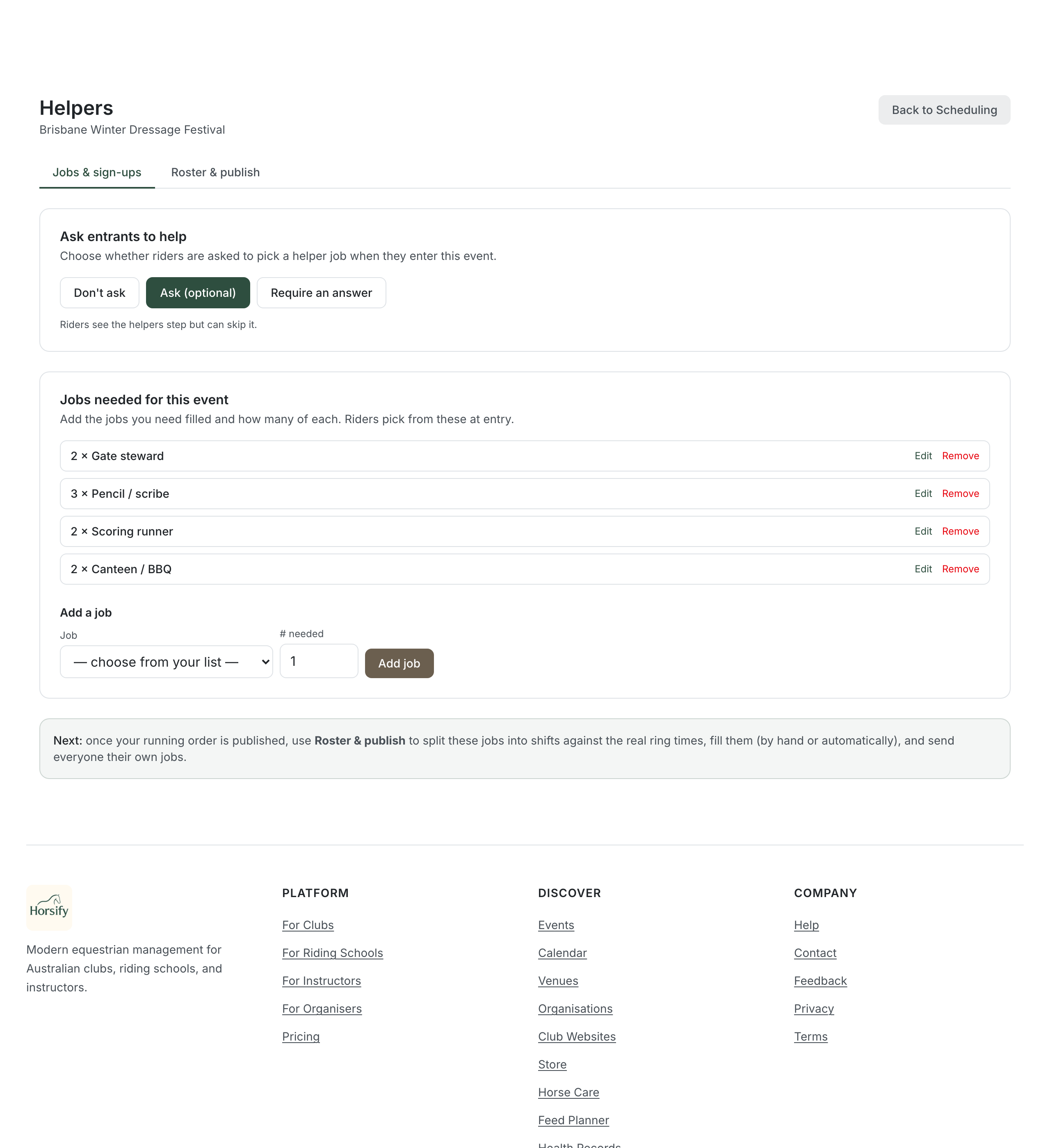 The Add a job row with Something else selected, a custom job name of Ribbon presentation entered, and a number needed field