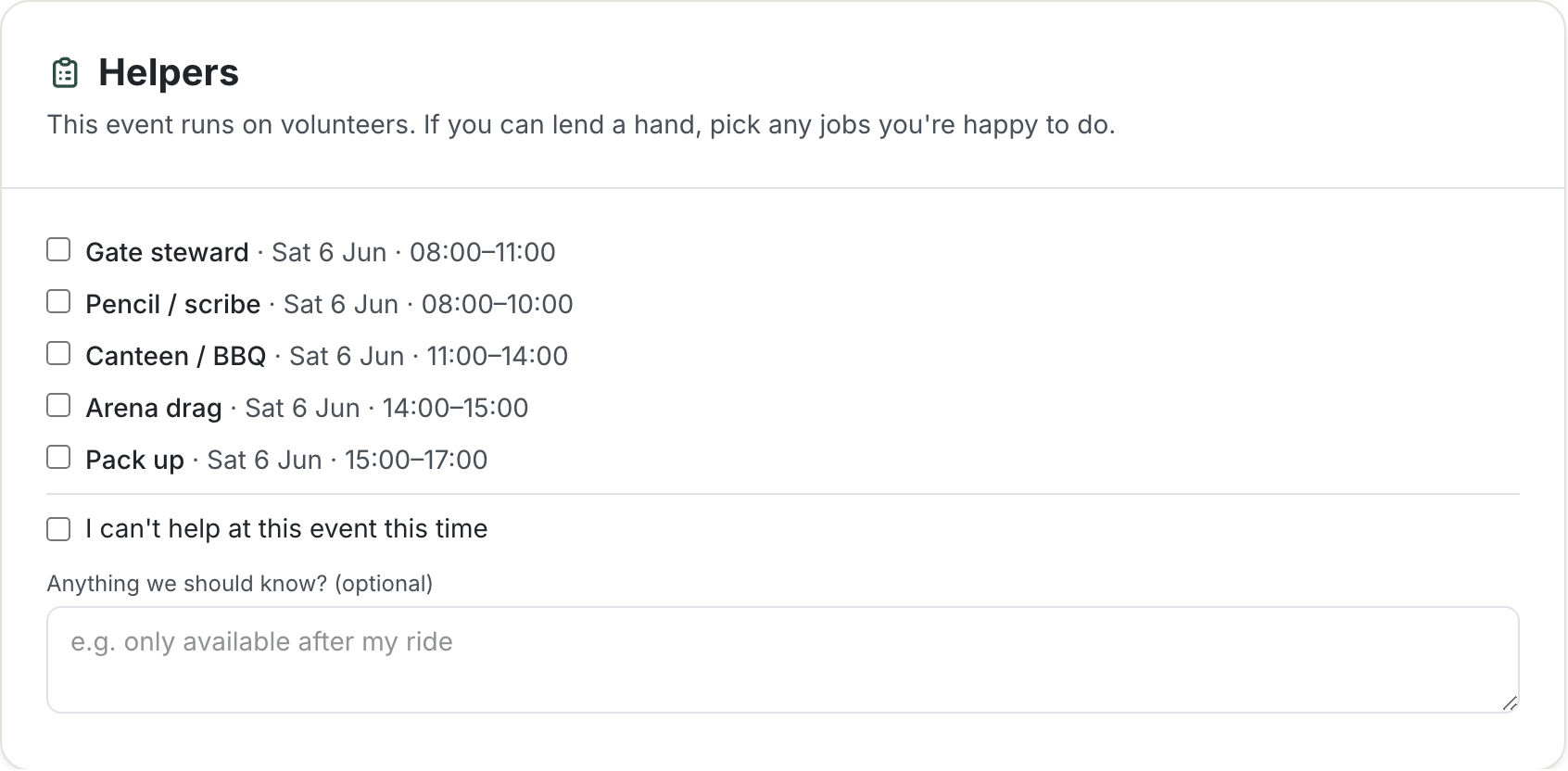 The rider-facing Helpers panel in the cart, listing the available jobs with checkboxes, an I can't help at this event this time option, and an optional notes field