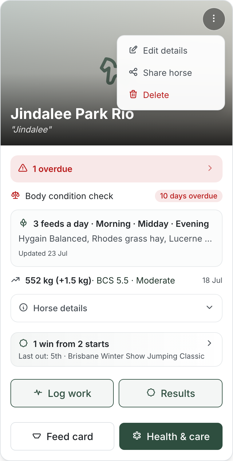 A horse card with its three-dots menu open, showing "Edit details", "Share horse" and a red "Delete" option. The card's name panel underneath reads "Jindalee Park Rio", "Jindalee" and "Shared with 1 rider"