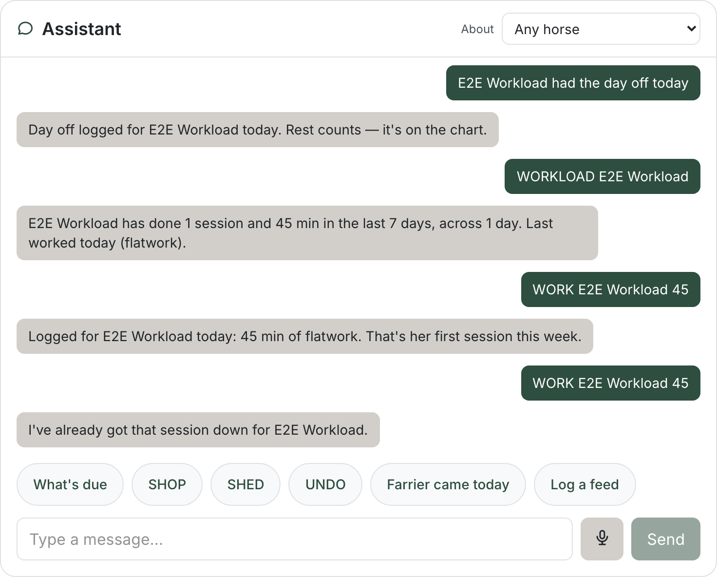 The Assistant chat panel. Its header has an "About" horse selector set to "Any horse". The transcript shows the rider message "what's due" and the assistant's reply "Upcoming: Jindalee Park Rio farrier: 23 Jul", followed by reminder messages "Worming overdue for Jindalee Park Rio." and "Farrier due for Jindalee Park Rio." — each message captioned with the horse it was about. Below the transcript are quick-reply chips (What's due, SHOP, SHED, UNDO, "Farrier came today") and a "Type a message…" input with a microphone button and a Send button