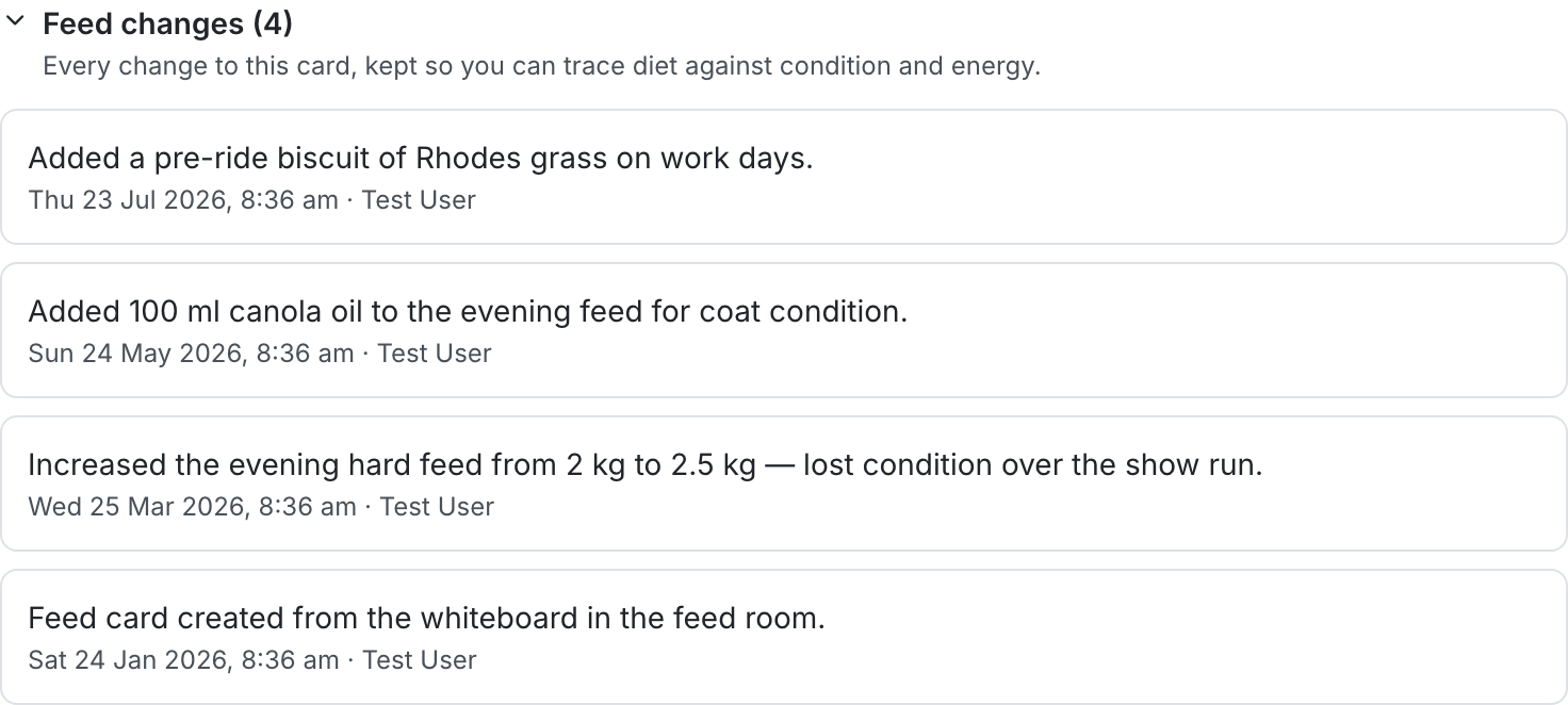 An expanded "Feed changes (2)" section with the caption "Every change to this card, kept so you can trace diet against condition and energy", listing two entries: "Changed Hygain Balanced Oaten in the evening feed from 2 kg to 2.5 kg; Updated the instruction on Rhodes grass hay in the evening feed" dated Tue 28 Jul 2026, and "Added the morning feed (3 items); Added the evening feed (2 items); Updated the plan notes"