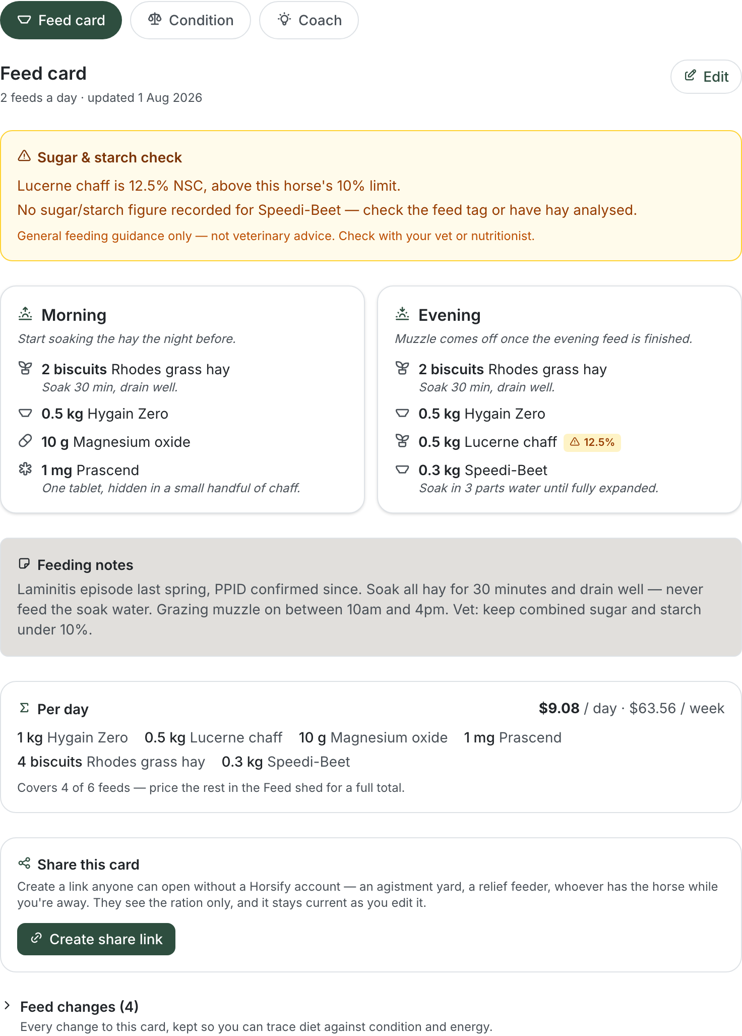 The Feed & Diet tab for a laminitic horse, with the Feed card chip selected. An amber "Sugar & starch check" panel reads "Economix pellets is 19% NSC, above this horse's 10% limit" and "No sugar/starch figure recorded for Hygain Zero — check the feed tag or have hay analysed", with a footer "General feeding guidance only — not veterinary advice. Check with your vet or nutritionist." The Morning feed lists 4 kg Rhodes grass hay ("soak 30 min, drain well") and 1 kg Hygain Zero; the Evening feed shows "1.5 kg Economix pellets" with an amber 19% badge beside it. Below, a "Feeding notes" panel reads "Laminitic — on box rest with a soaked-hay diet since April…"