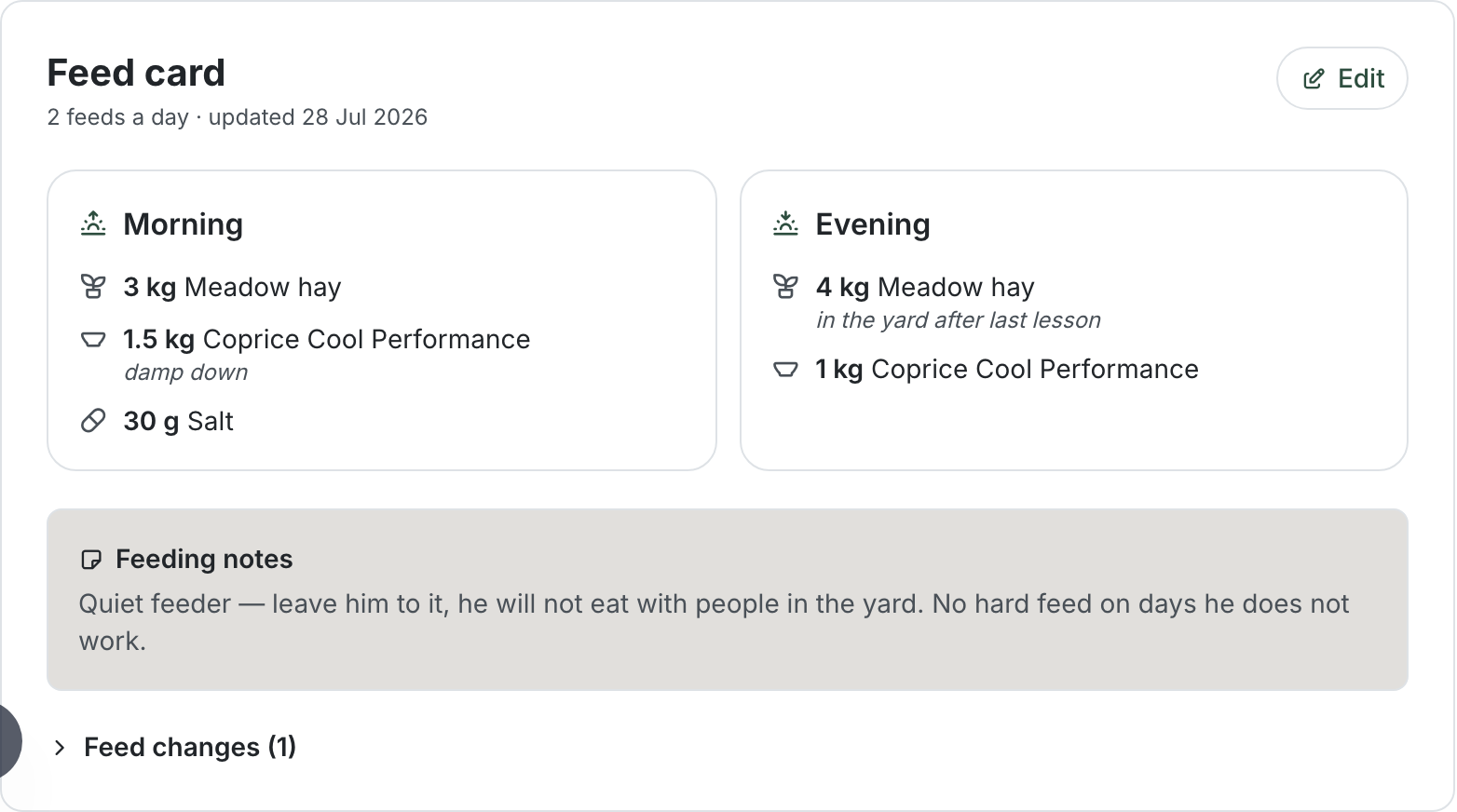 A school horse's detail page showing a "Feed card" panel reading "2 feeds a day · updated 28 Jul 2026" with an Edit button, Morning and Evening ration cards, a "Feeding notes" panel reading "Quiet feeder — leave him to it, he will not eat with people in the yard. No hard feed on days he does not work", and a collapsed "Feed changes (1)" section