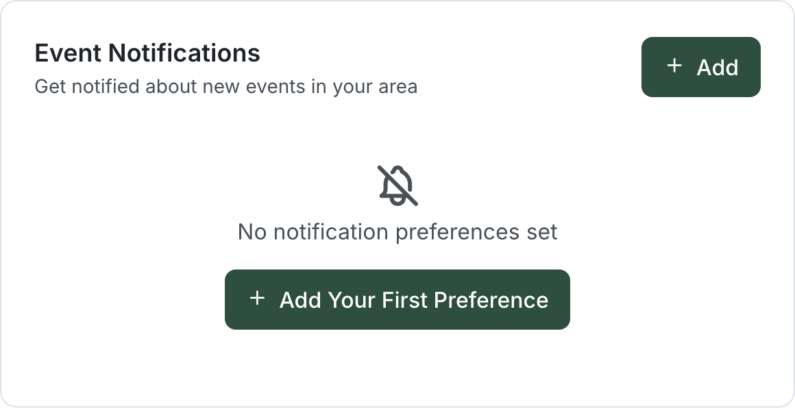 The "Event Notifications" card on the Rider Dashboard, headed "Get notified about new events in your area", showing an empty state with a bell icon, the text "No notification preferences set", and an "Add Your First Preference" button