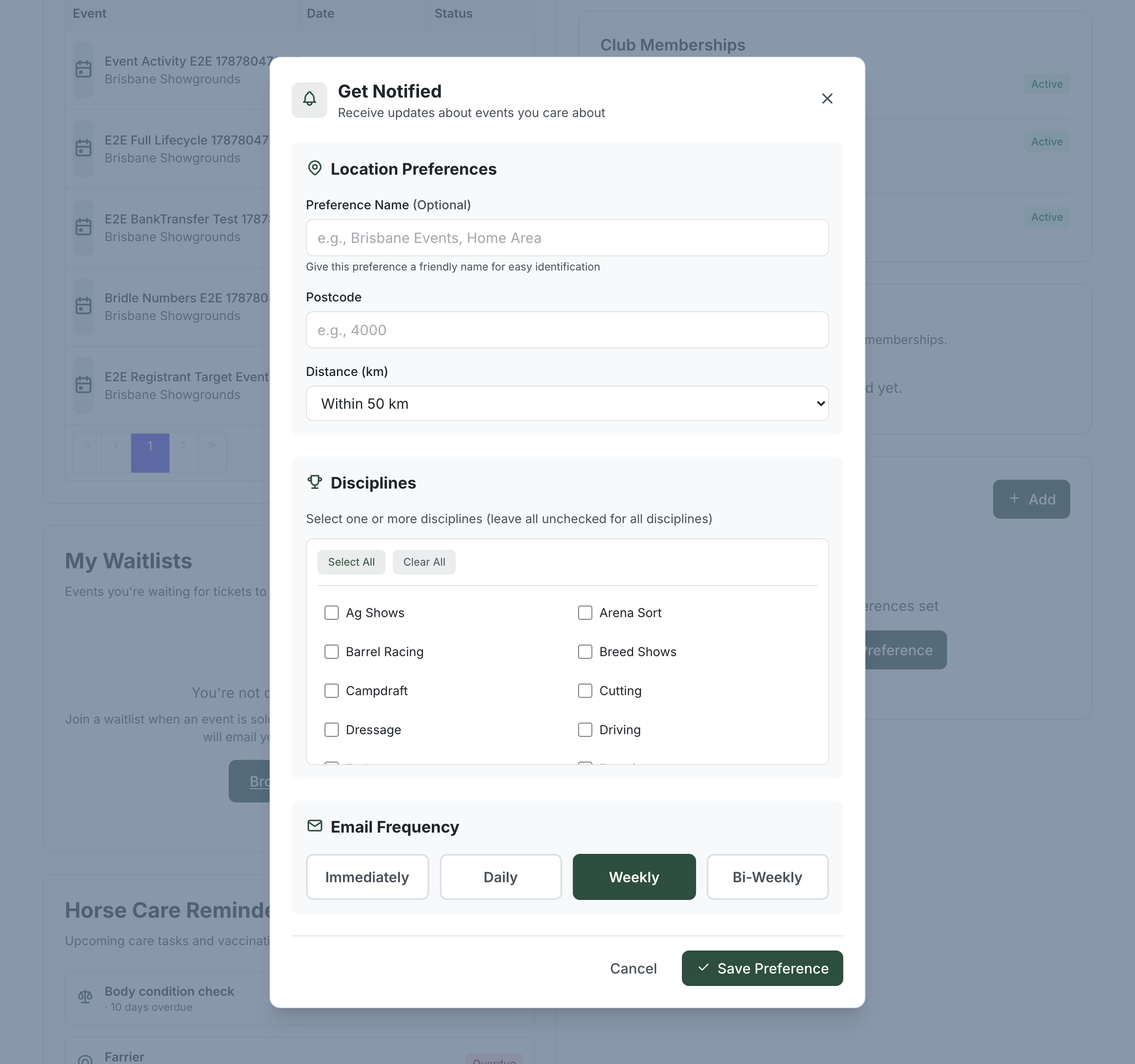 The "Get Notified" dialog headed "Receive updates about events you care about", with a Location Preferences section (an optional Preference Name field, a Postcode field, and a "Distance (km)" dropdown set to "Within 50 km"), a Disciplines section with Select All / Clear All and a checklist of disciplines, and an Email Frequency section with Immediately, Daily, Weekly and Bi-Weekly options