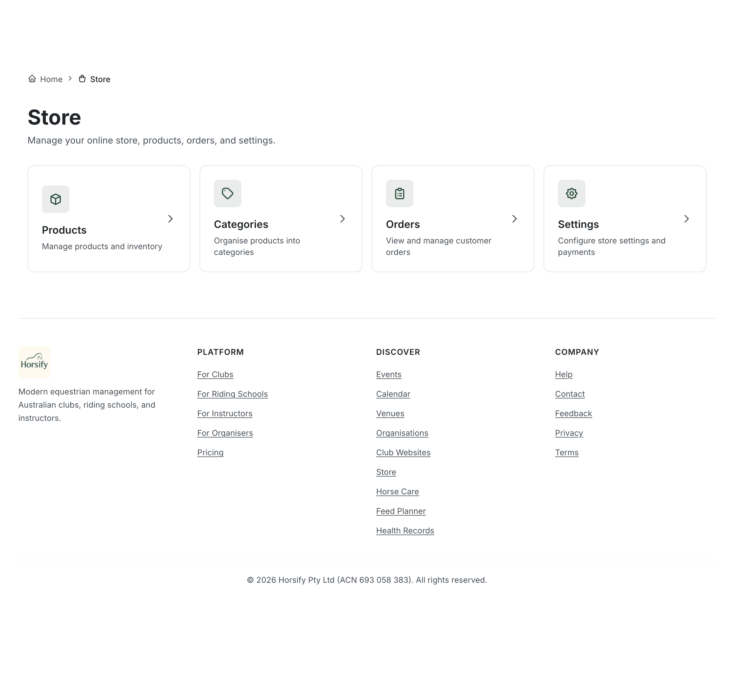 The Store area for a club, showing the four management sections — Products, Categories, Orders and Settings