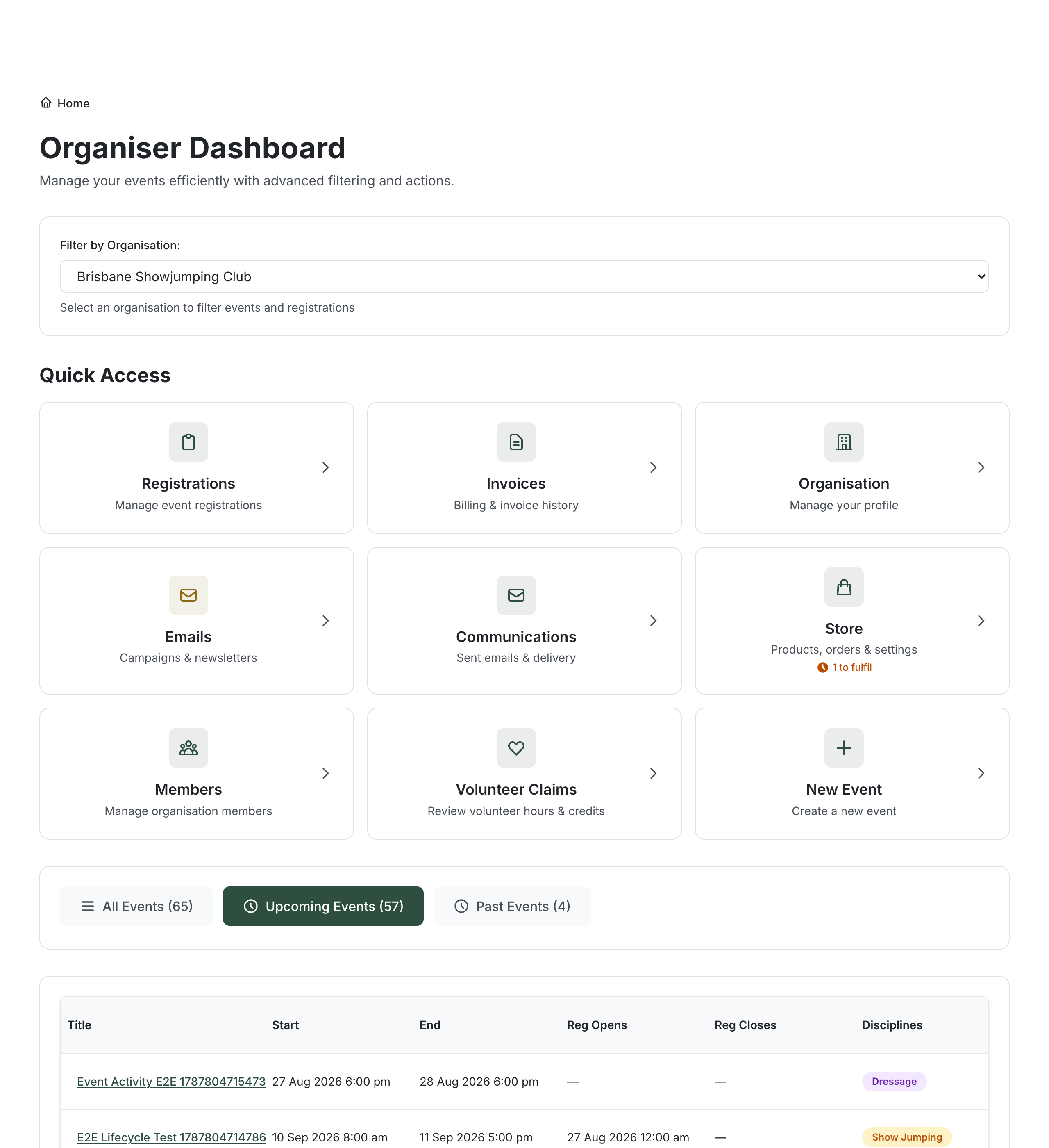 The Organiser Dashboard with the Store card highlighted in the Quick Access grid