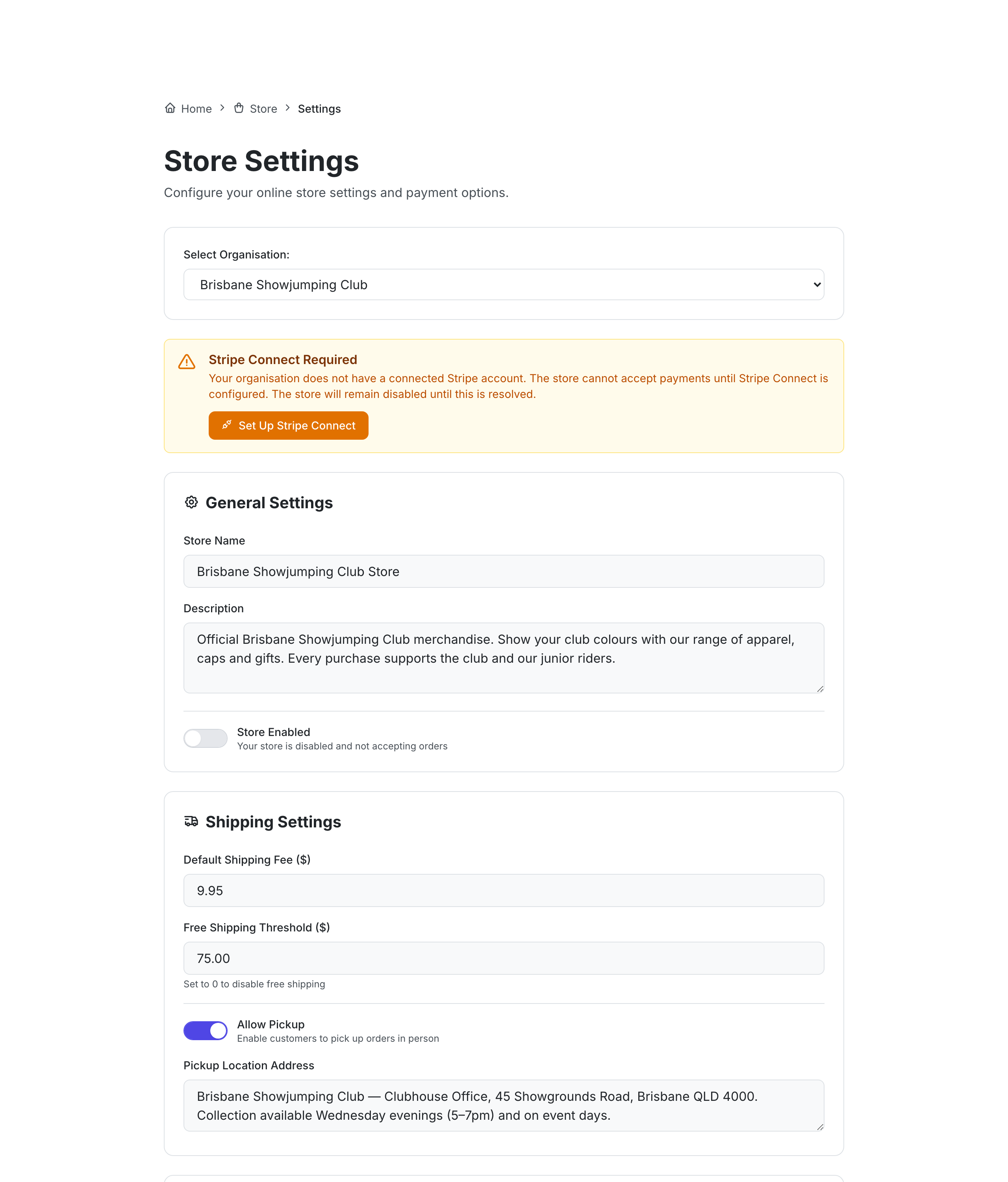 The Store Settings page showing General, Shipping and Payment settings for a club store, with payment configured