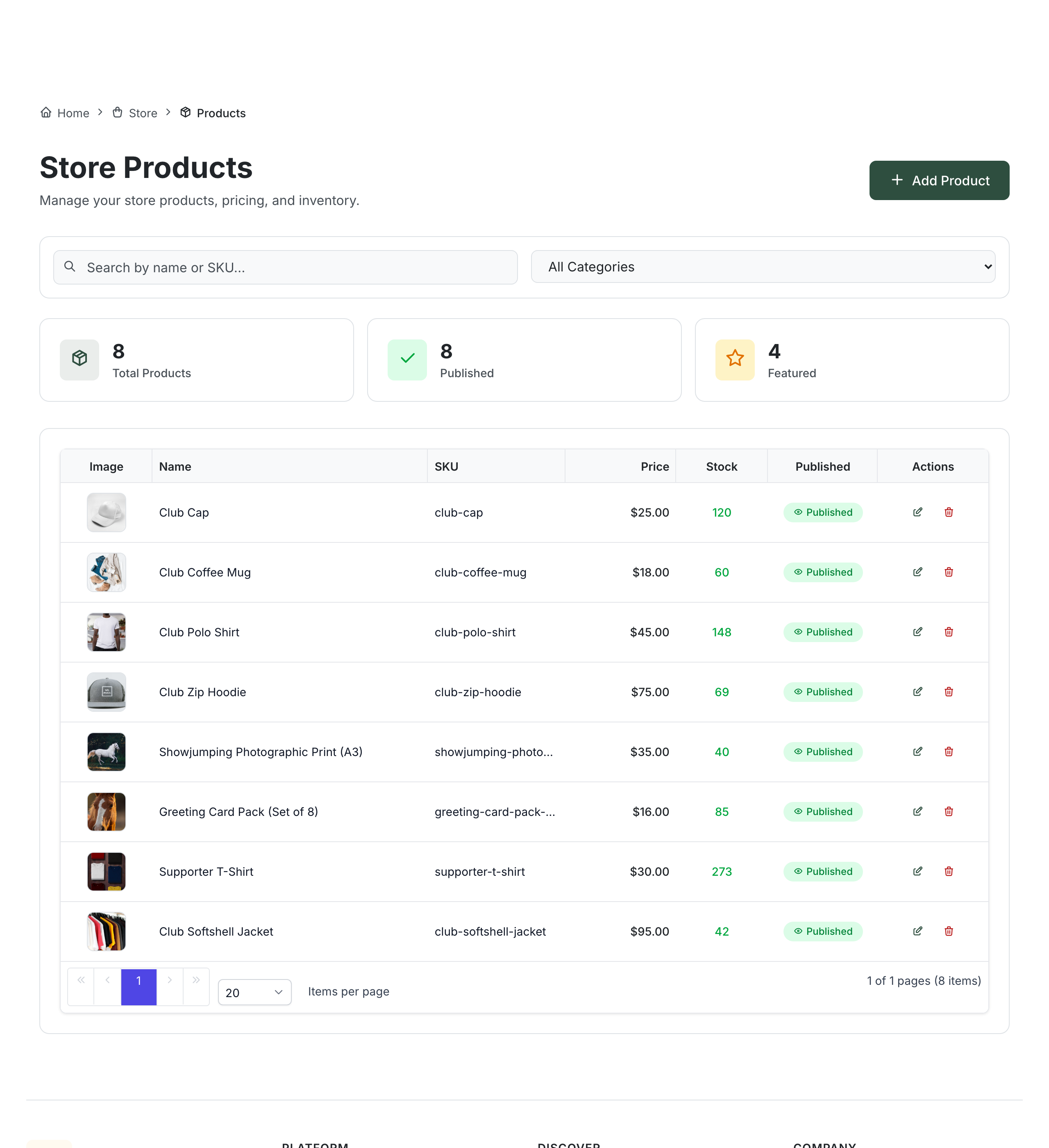 The Store Products list showing eight club products with thumbnails, SKUs, prices, stock levels and publish status