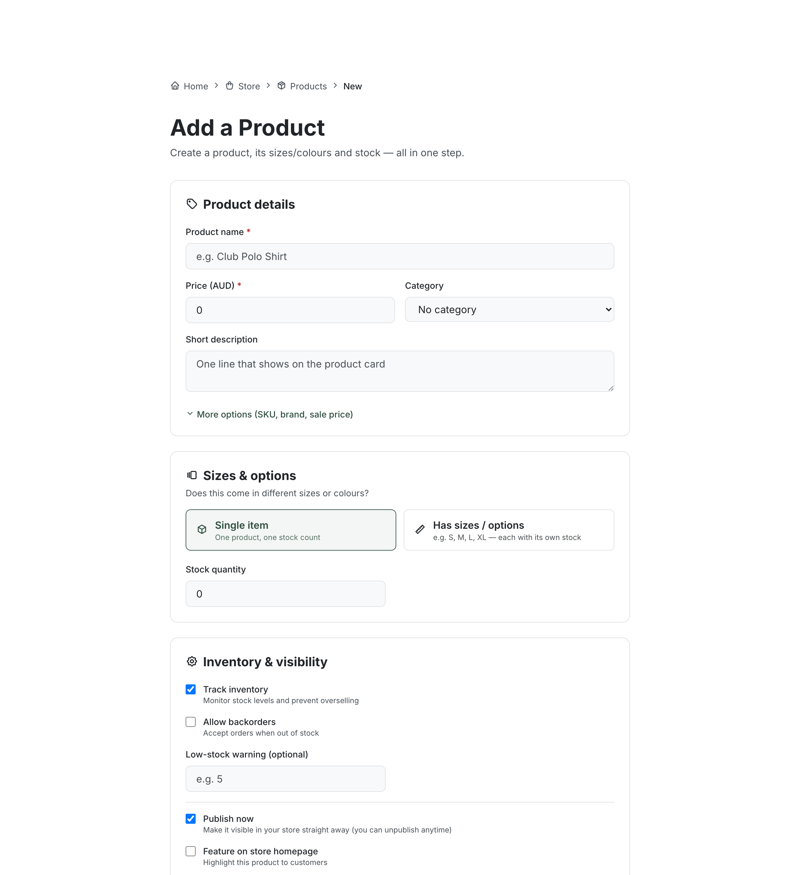 The Add a Product form with fields for product name, price, category, sizes and options, and inventory settings
