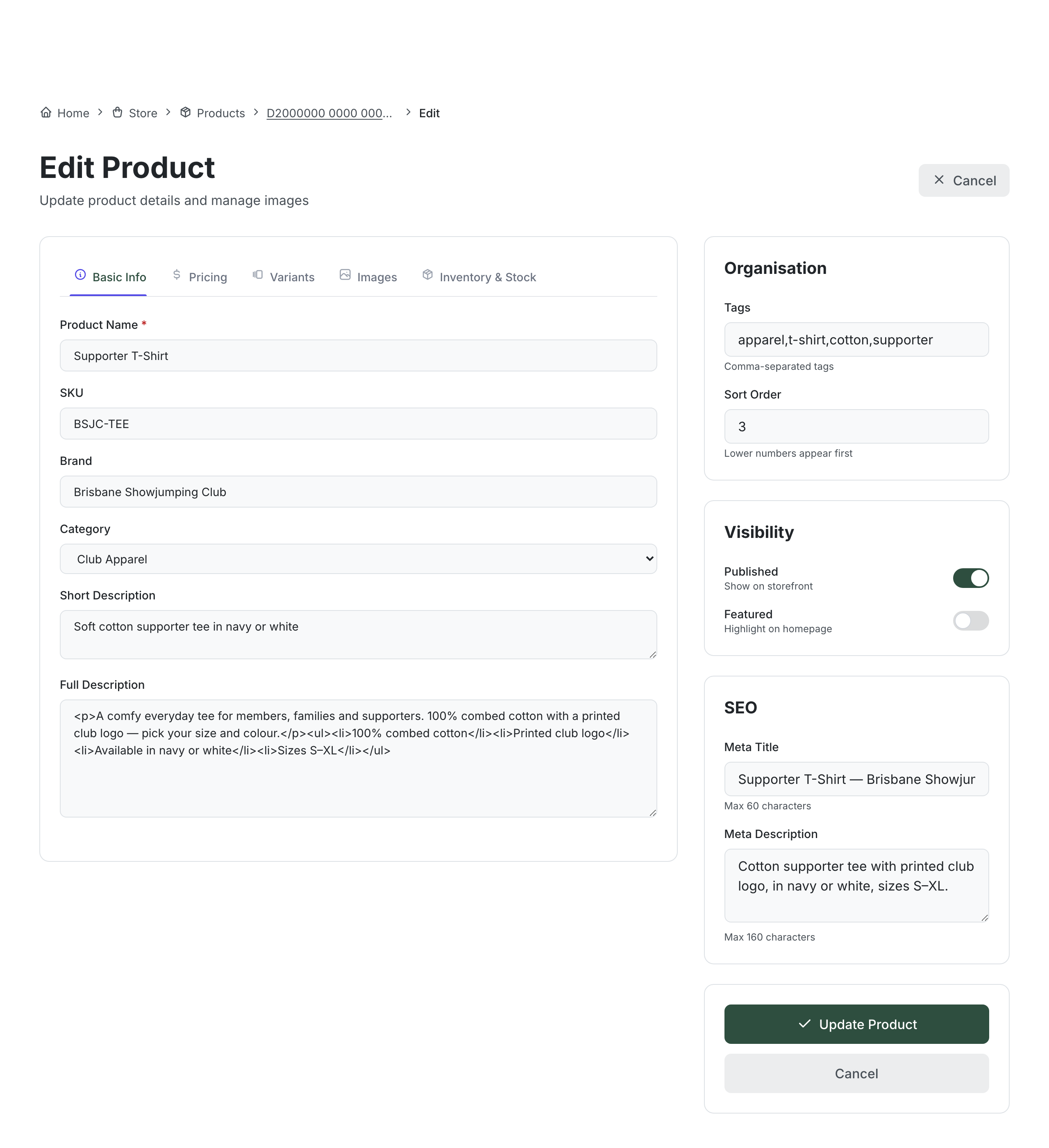 The product editor's Basic Info tab, with the Organization, Visibility and SEO panels on the right